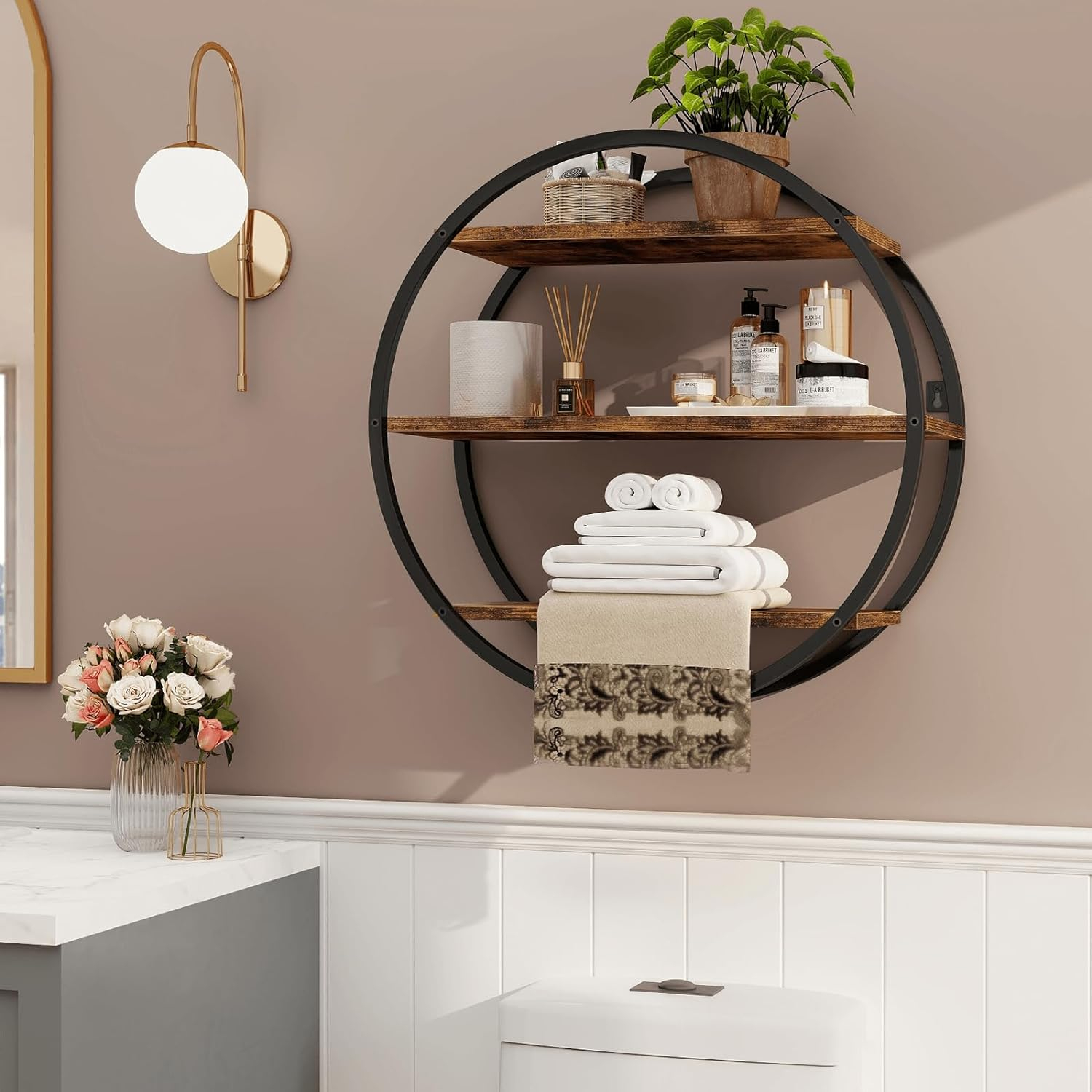 Floating Shelves, 3 Tier Decorative Geometric Circle Metal and Wood Wall Shelves, Bathroom Shelf Round Wall Decor, Rustic Brown