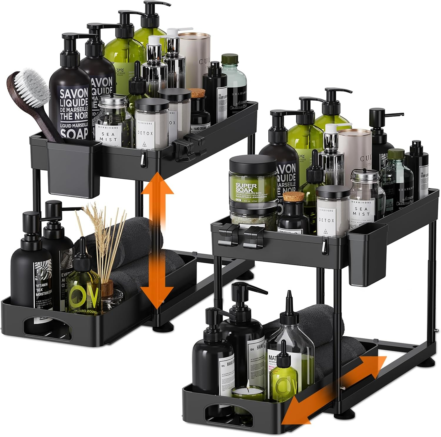 Rebrilliant Under Sink Organizers And Storage, 2 Pack Height Adjustable Bathroom Cabinet Organizer, 2 Tier Sliding Under Sink Organizer, Sturdy Pull Out Bathroom Storage, With 12 Hooks & Hanging Cups, Black