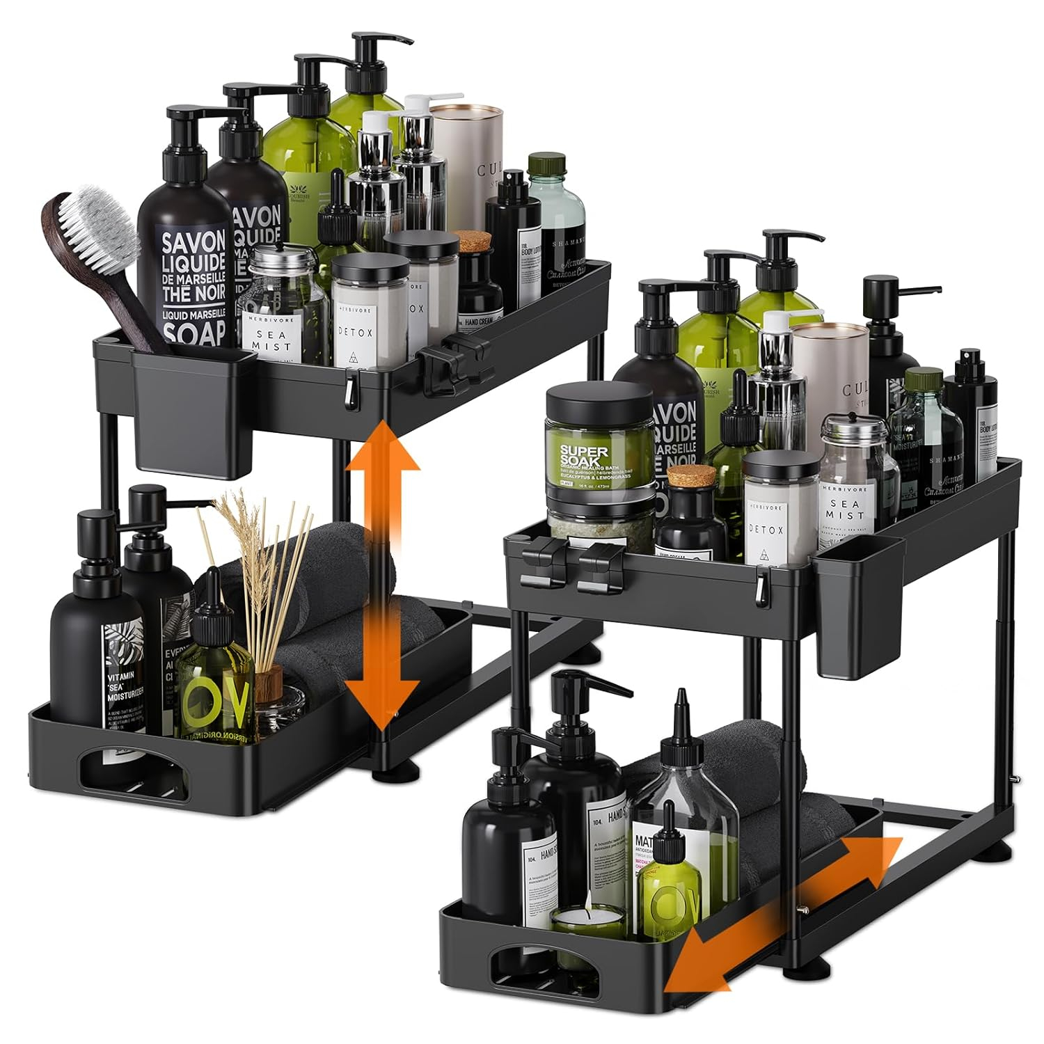 Rebrilliant Under Sink Organizers And Storage, 2 Pack Height Adjustable Bathroom Cabinet Organizer, 2 Tier Sliding Under Sink Organizer, Sturdy Pull Out Bathroom Storage, With 12 Hooks & Hanging Cups, Black