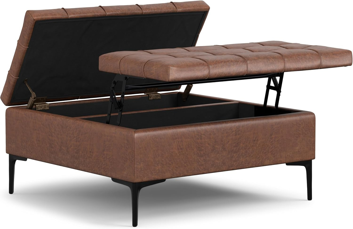 Simpli Home Laura 36 inch Wide Mid Century Square MidÂ CenturyÂ Lift TopÂ Storage Ottoman in Distressed Saddle Brown Vegan Faux Leather