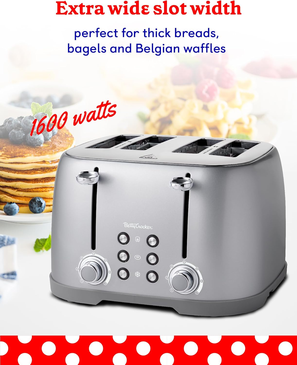 Betty Crocker 4-Slice Toaster, Silver with Extra Wide Slots