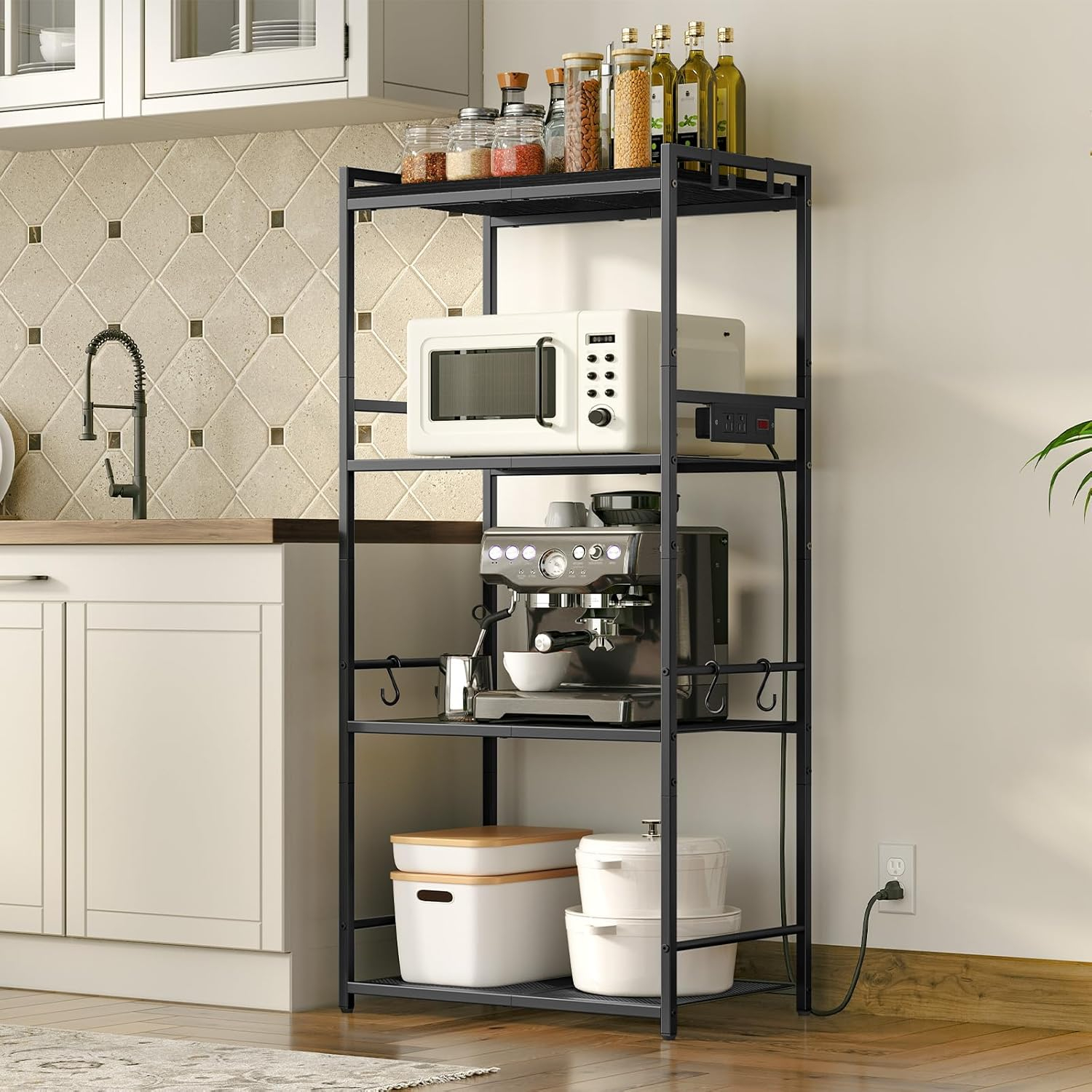 Bakers Rack with Power Outlet, Microwave Stand with Hooks, Multifunctional Storage Rack, Coffee Bar with Enclosure, Kitchen Storage Shelf, for Kitchen, Dining Room, Black BRHB40E01