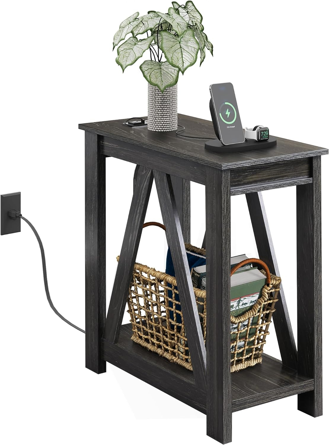 WLIVE Narrow End Table with Charging Station of Open Storage Shelf, Sofa Side Table with 2 USB Ports and 2 Power Outlets, Slim Farmhouse End Table for Small Spaces, Bedroom, Living Room