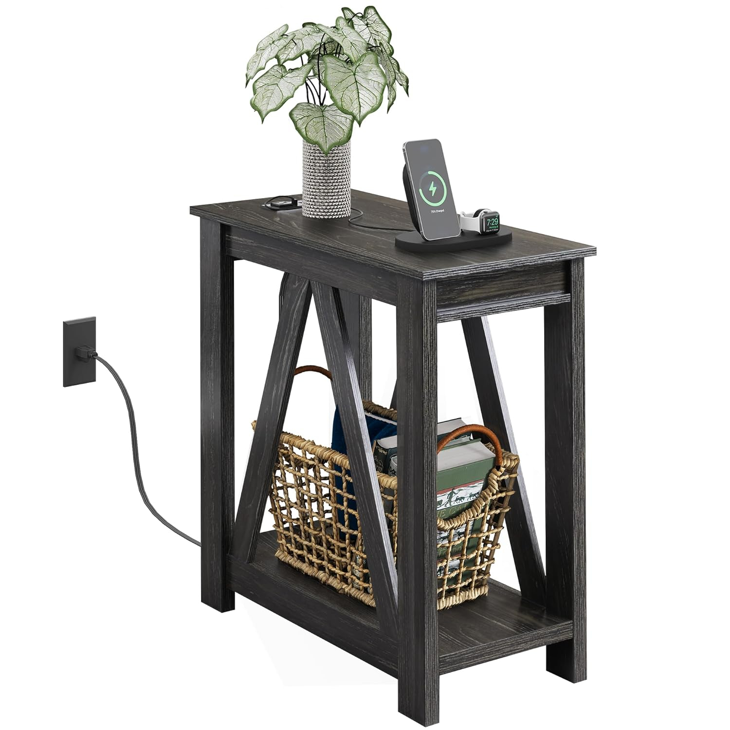 WLIVE Narrow End Table with Charging Station of Open Storage Shelf, Sofa Side Table with 2 USB Ports and 2 Power Outlets, Slim Farmhouse End Table for Small Spaces, Bedroom, Living Room
