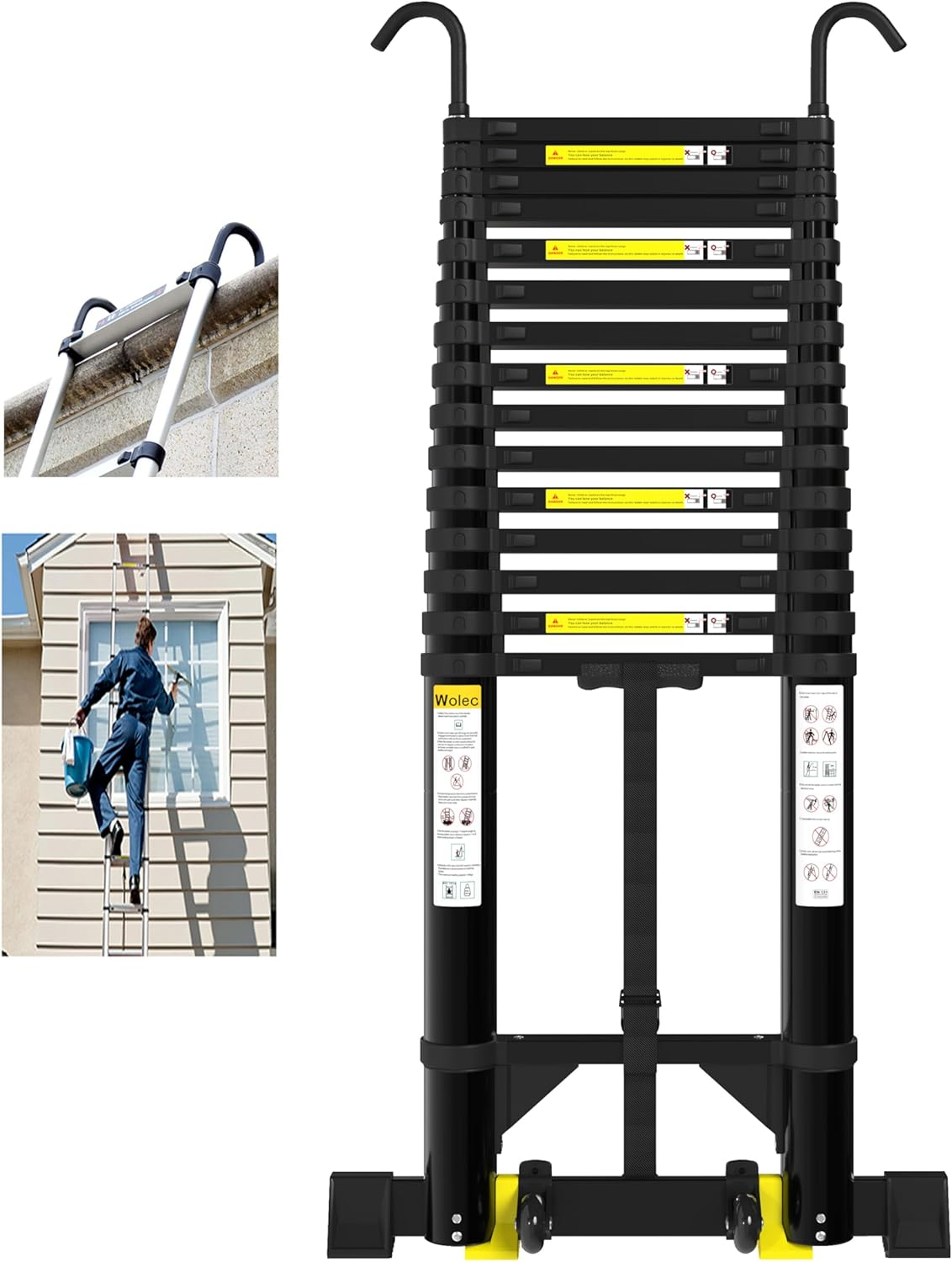 Telescoping Ladder, 19FT Aluminum Portable Extension Ladder w/Hooks, Stabilizers& Wheels, Heavy Duty 330lbs Max Capacity, Collapsible Telescopic Ladder for Rv, Roof, Attic, Outdoor -Black