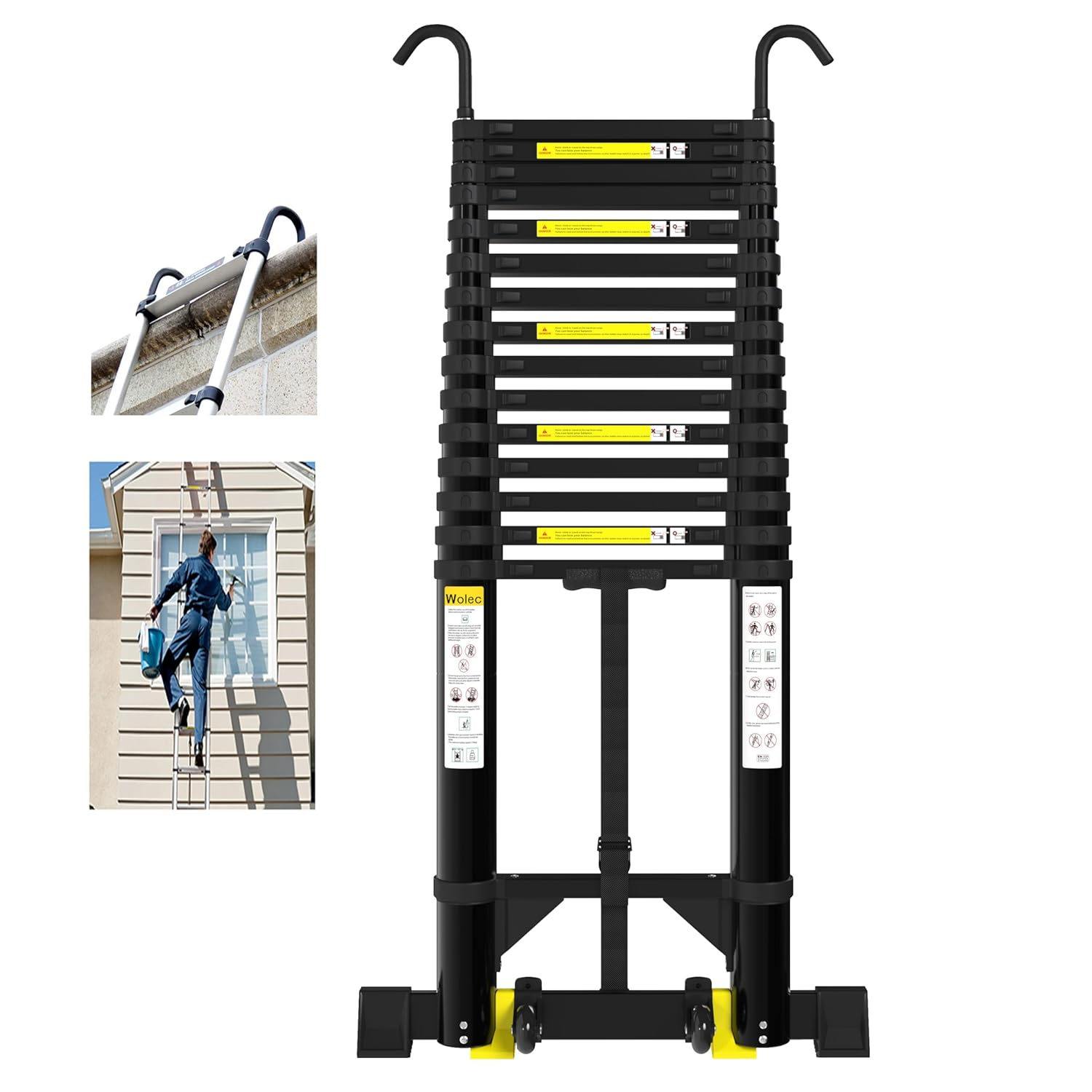 Telescoping Ladder, 19FT Aluminum Portable Extension Ladder w/Hooks, Stabilizers& Wheels, Heavy Duty 330lbs Max Capacity, Collapsible Telescopic Ladder for Rv, Roof, Attic, Outdoor -Black
