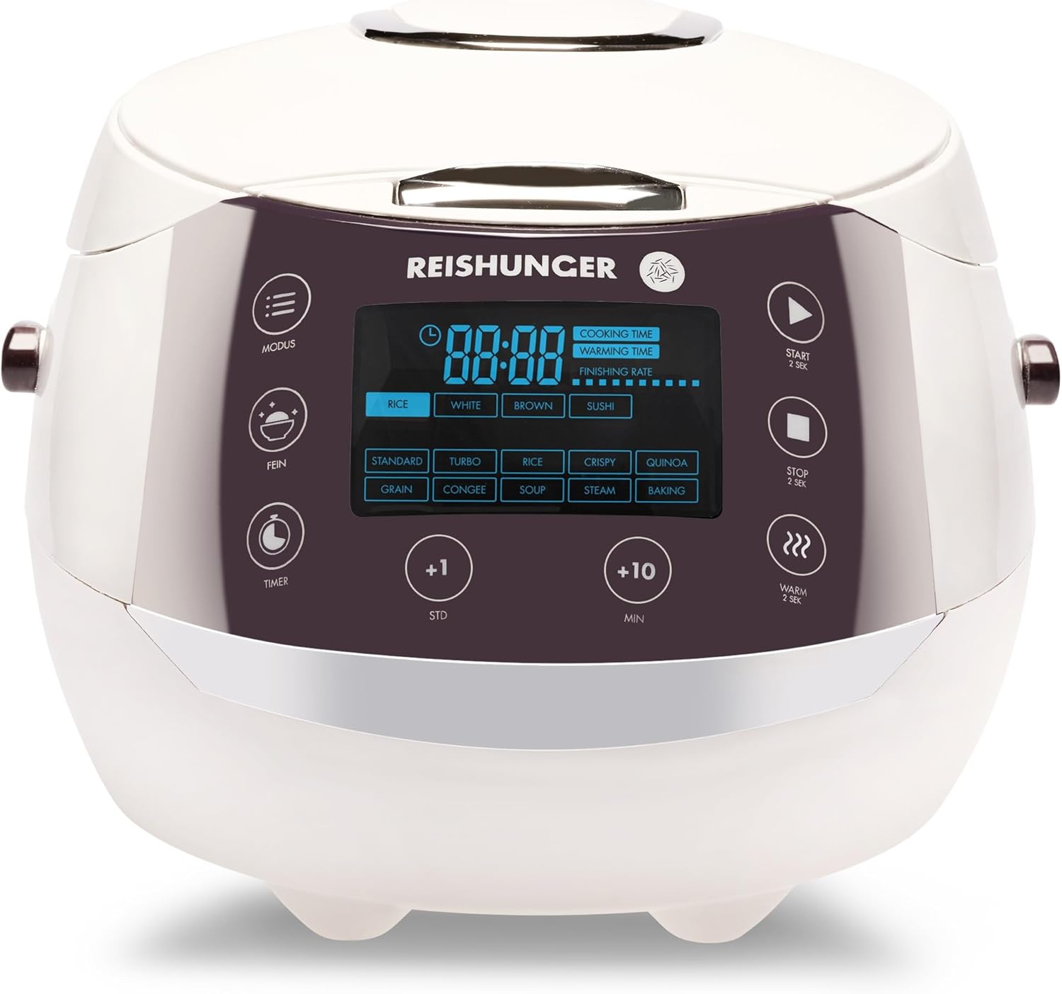 Reishunger Digital Rice Cooker and Steamer, Black, Timer - 8 Cups - Premium Inner Pot, Multi Cooker with 12 Programs & 7-Phase Technology for Brown Rice, Soups, Grains, Oatmeal & more - 1-8 People