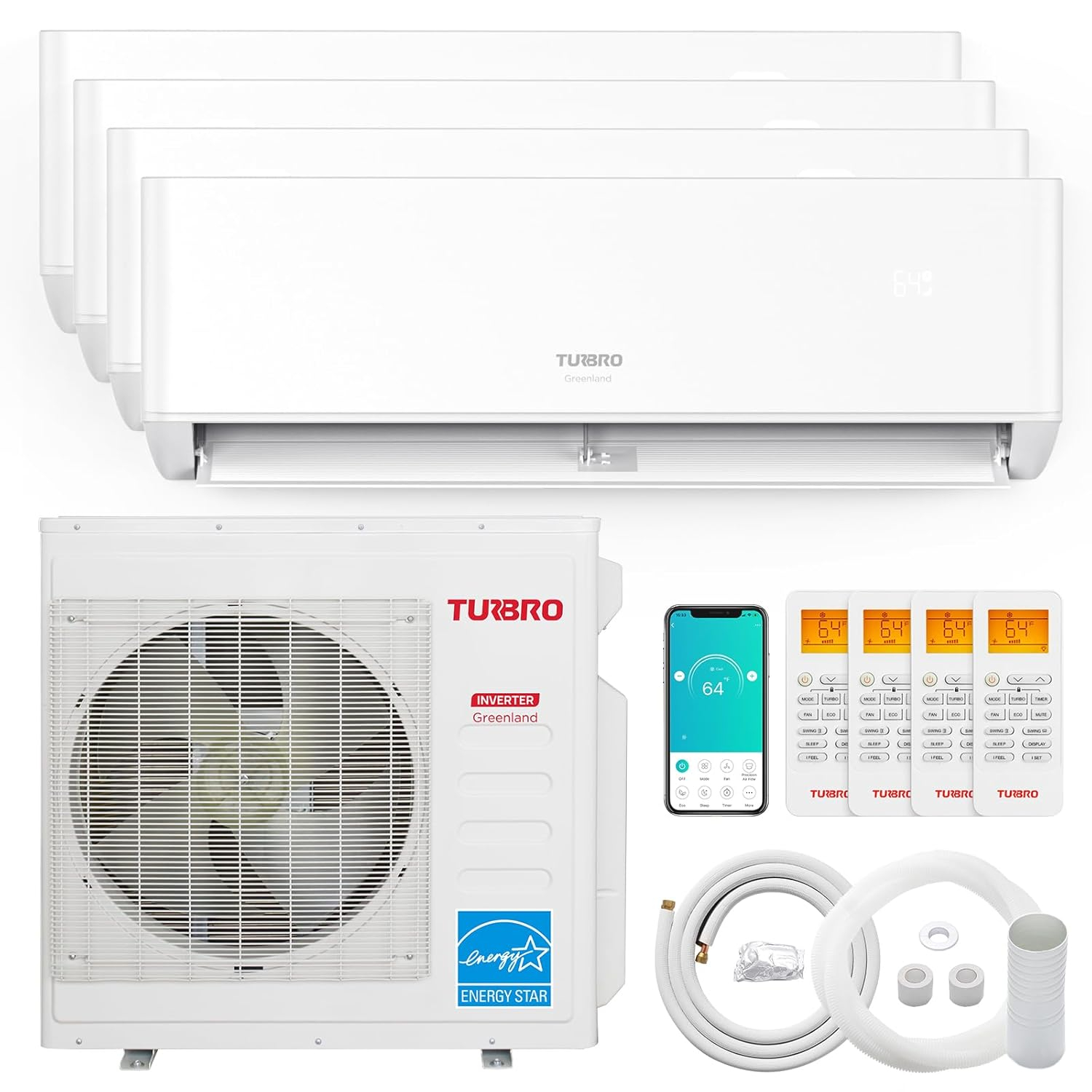 TURBRO 36,000 BTU 4 Zones Mini Split AC/Heating System, Ductless Multi Zones Inverter Mini Split Air Conditioner with Heat Pump, 22.5 SEER2, WiFi Enabled, Greenland (9K+9K+9K+9K), 230V