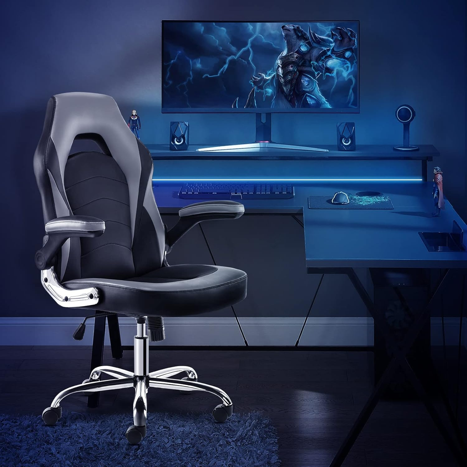 JHK Gaming Chair - Office Chair Desk Chairs with Wheels Computer Chair with Flip-up Armrest and Height Adjustable Swivel Chair Splicing PU Leather Chair Home Office Chair with Lumbar Support