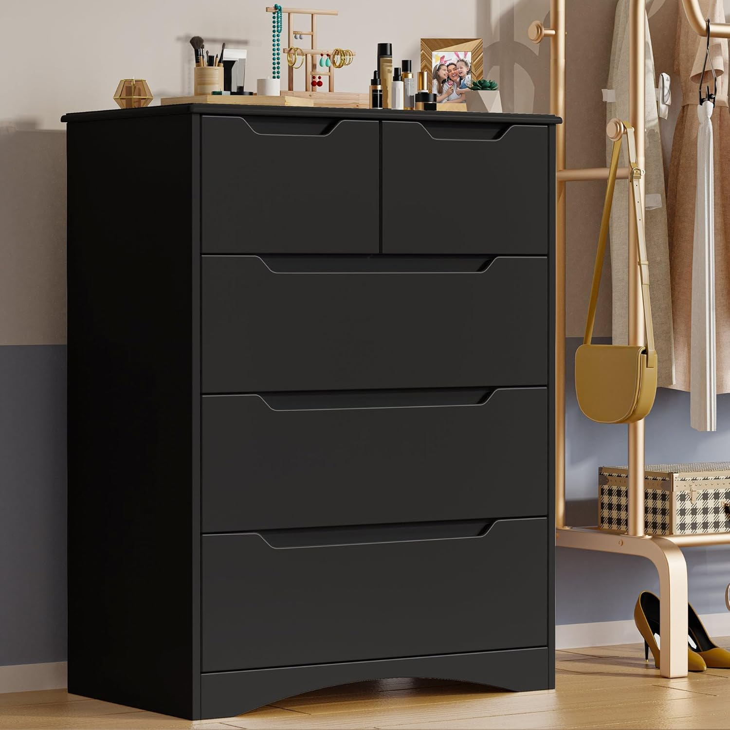 37  Tall Modern 5 Drawer Chest of Drawers Dresser Organizer, Vertical Clothes Storage Hanging Cabinet for Hallway, Bedroom