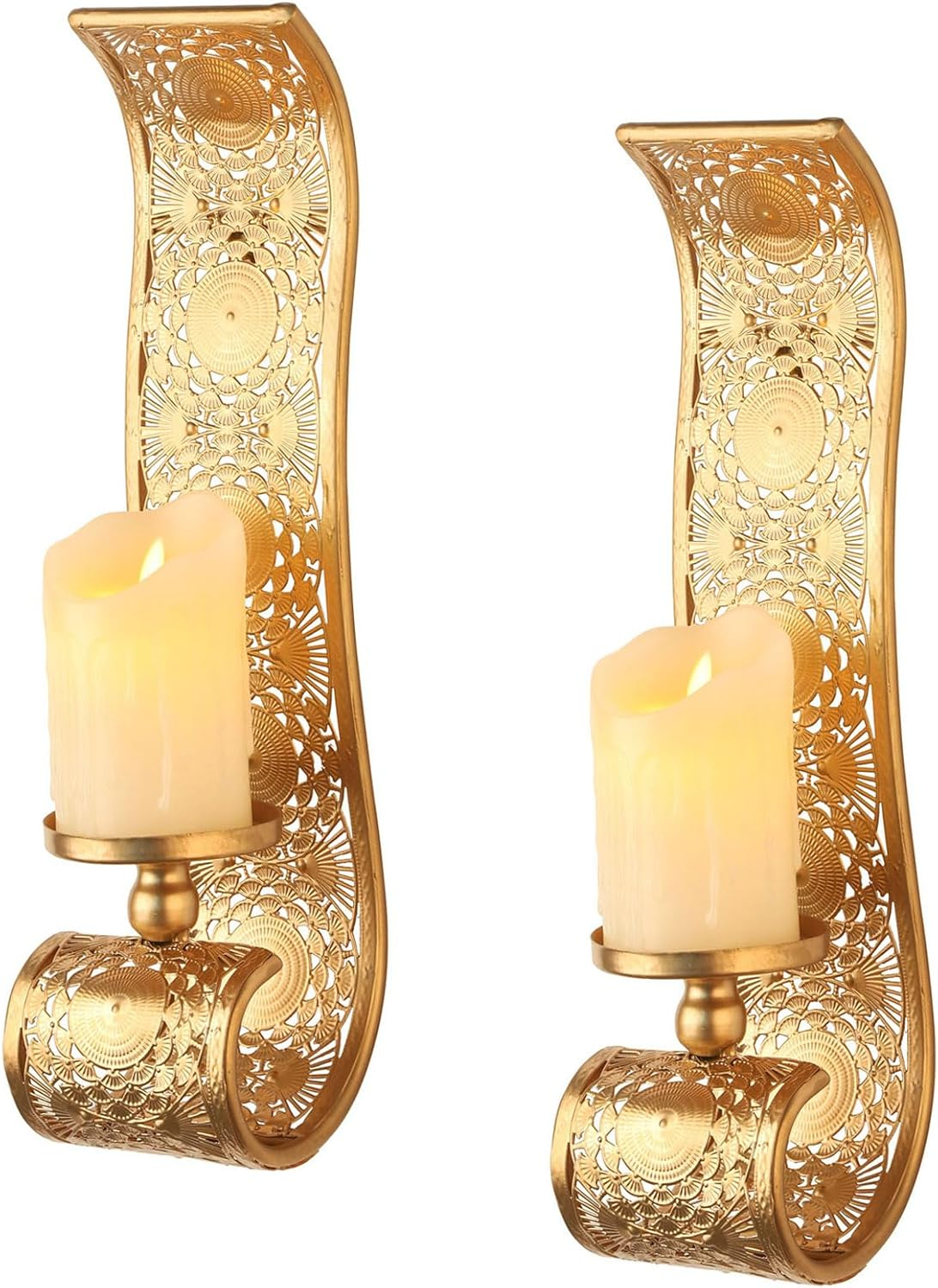 Wall Candle Sconce Set of 2,Gold Metal Wall Mount Candle Holder，Spanish Baroque Hollow Carving Wall-Mounting Sconces for Living Room, Bathroom, Dining Areas,Hallways Decorations