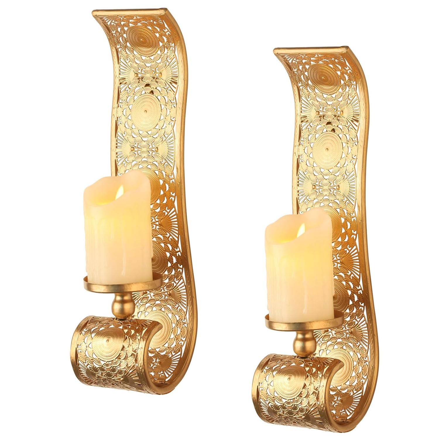 Wall Candle Sconce Set of 2,Gold Metal Wall Mount Candle Holder，Spanish Baroque Hollow Carving Wall-Mounting Sconces for Living Room, Bathroom, Dining Areas,Hallways Decorations