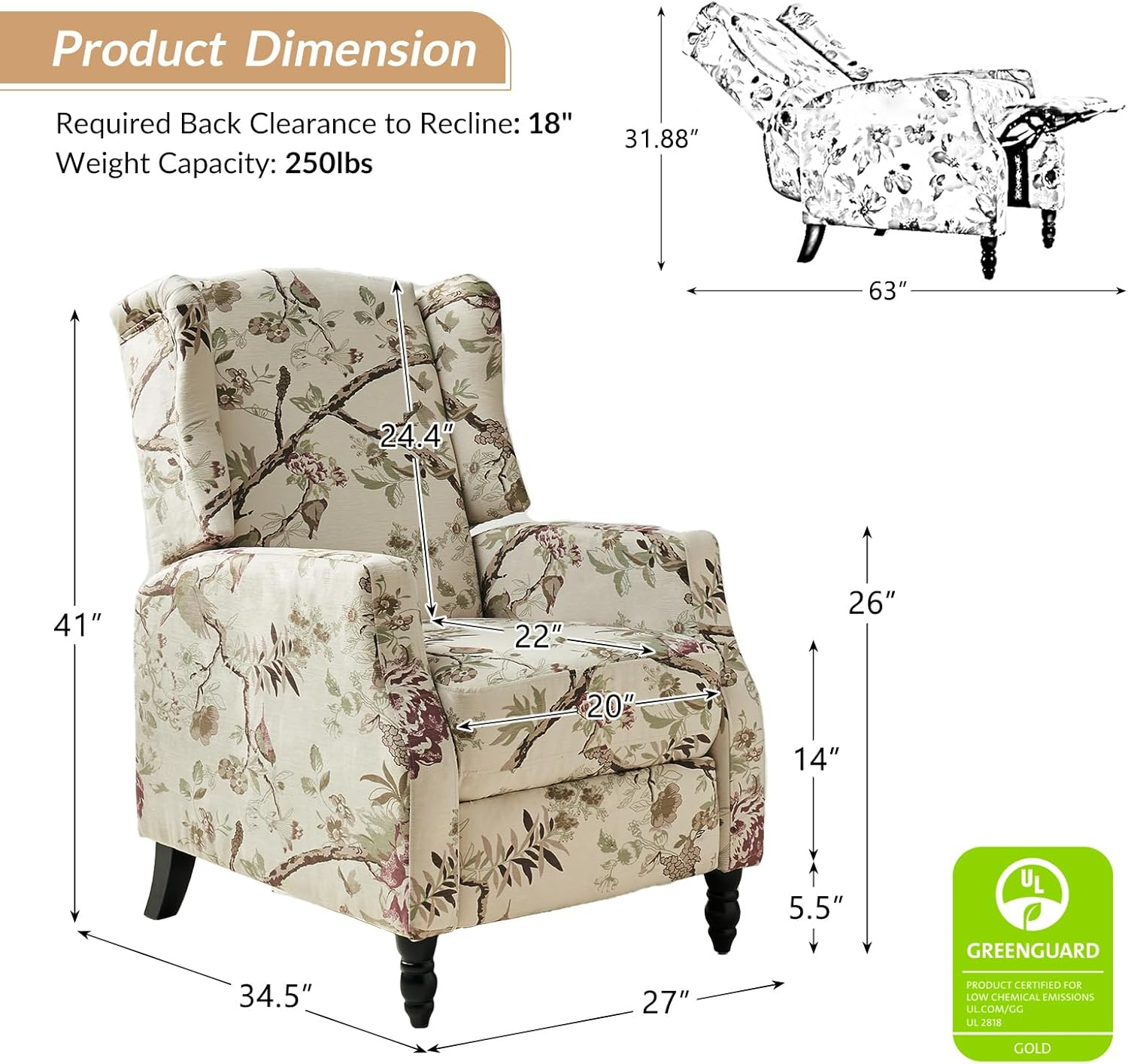 Fabric Wingback Manual Recliner Set of 2 Traditional Push Back Upholstered Armchair Sofa Home Theater Living Room Bird
