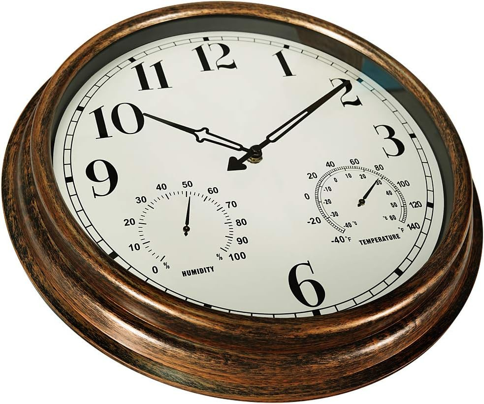 16 Inch Large Outdoor Wall Clock,Waterproof Vintage Non-Ticking Clock with Thermometer and Hygrometer Combo,Battery Operated Clock Wall Decorative- Bronze
