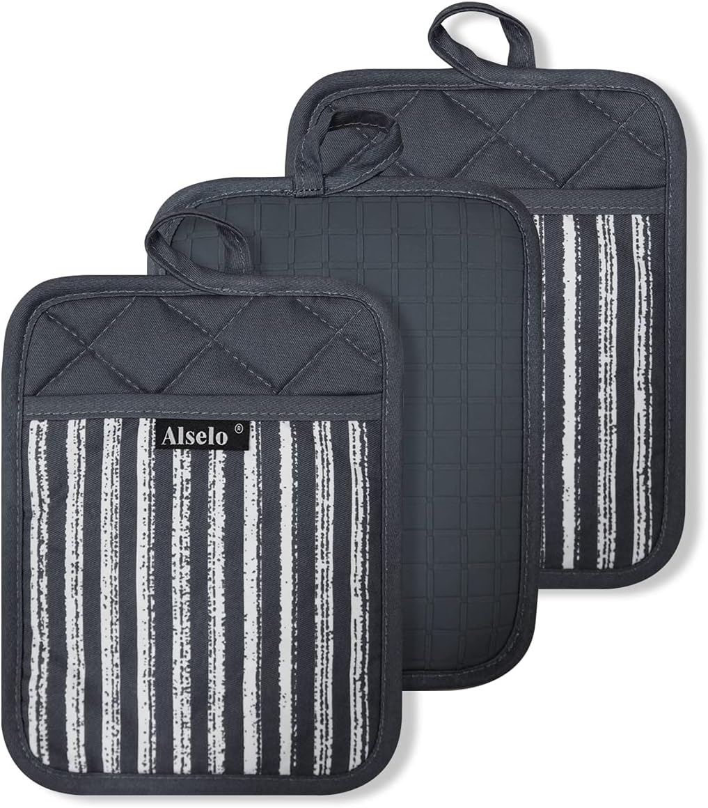 Silicone Pot Holders Set of 3 Heat Resistant & Non Slip Potholders, Professional Oven Hot Pads with Pockets Mitts for Kitchen Cooking Baking Barbecue