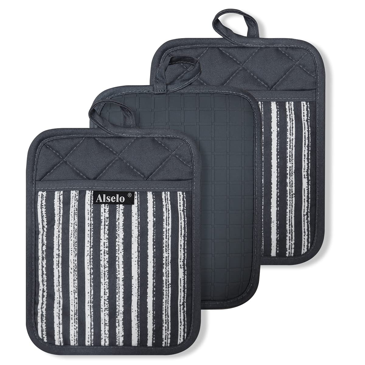 Silicone Pot Holders Set of 3 Heat Resistant & Non Slip Potholders, Professional Oven Hot Pads with Pockets Mitts for Kitchen Cooking Baking Barbecue