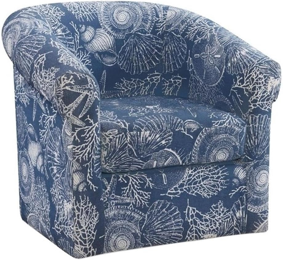 Pemberly Row Swivel Coastal Fabric Club Chair in Blue Seashell Pattern