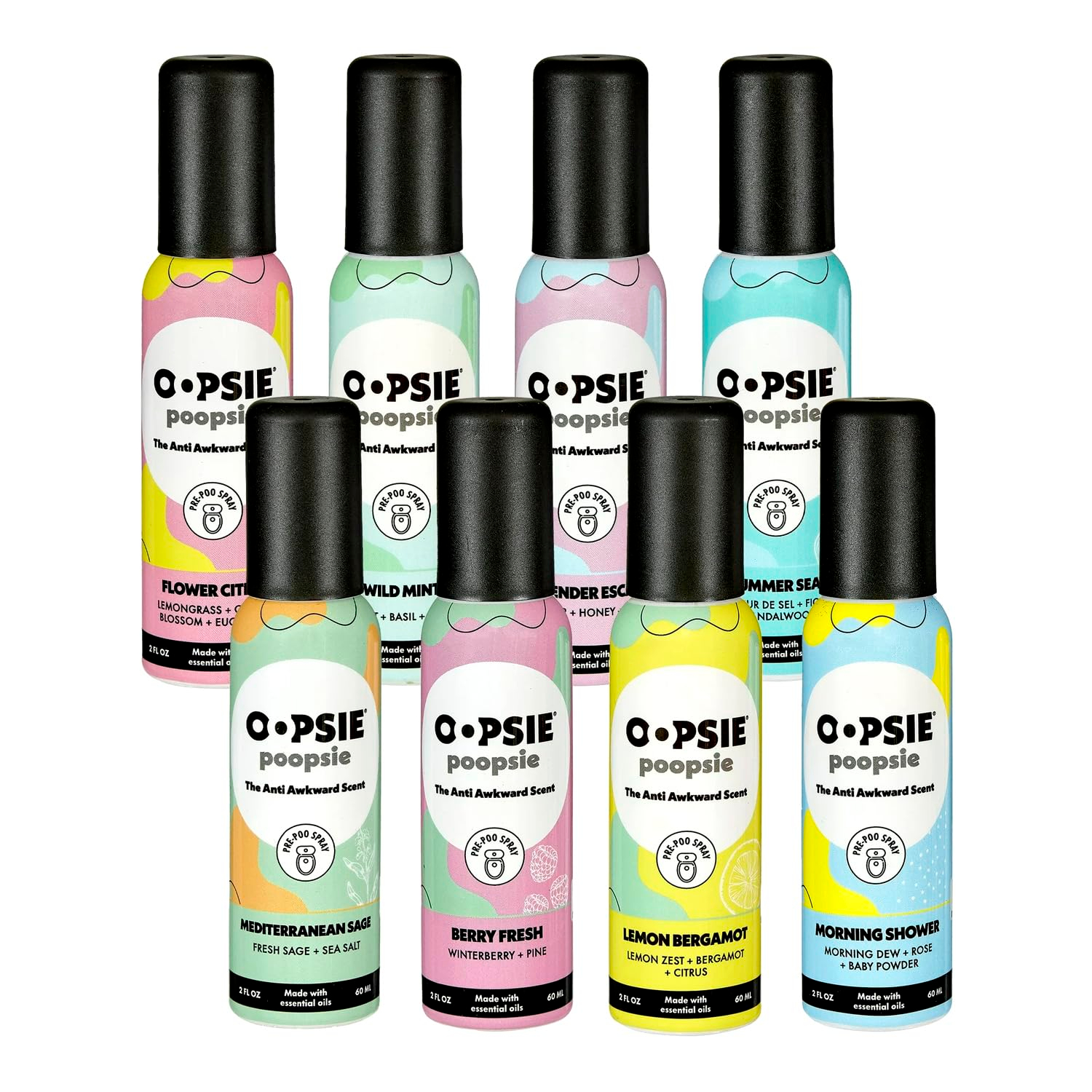 Oopsie Poopsie Pre-Poo toilet spray, discreet & portable original odor deodorizer scents. Pocket-friendly pre-poo spray to use on the go 2oz 8-bottle variety pack for 8-distinct aroma experience
