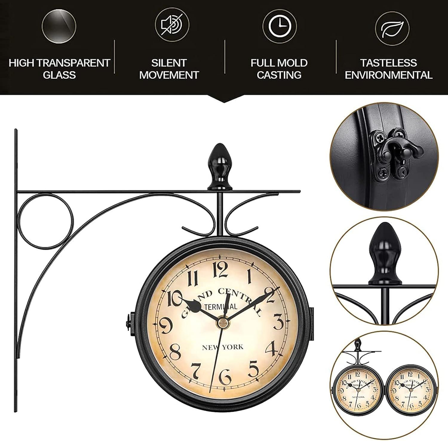 Retro Double-Sided Garden Wall Clock,Vintage Industrial Two Sides Wall Hanging Clock for Indoor Decorative, Antique Style Creative Classic Wall Clocks Decoration Black 5inch