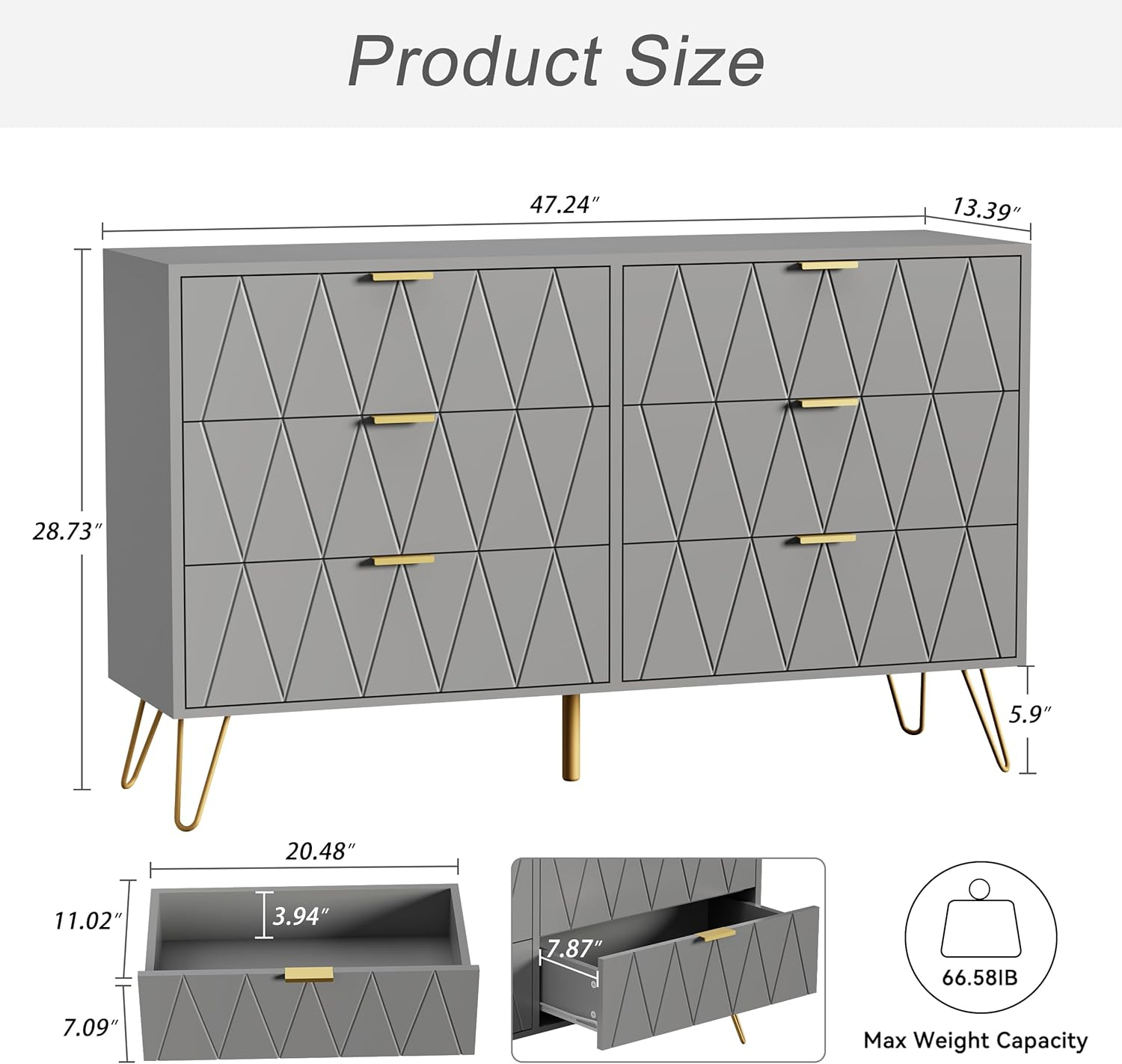 eclife 6 Drawer Dresser Drawer Chest Tall Storage Cabinet Organizer Unit Bedroom Living Room Large-Gray