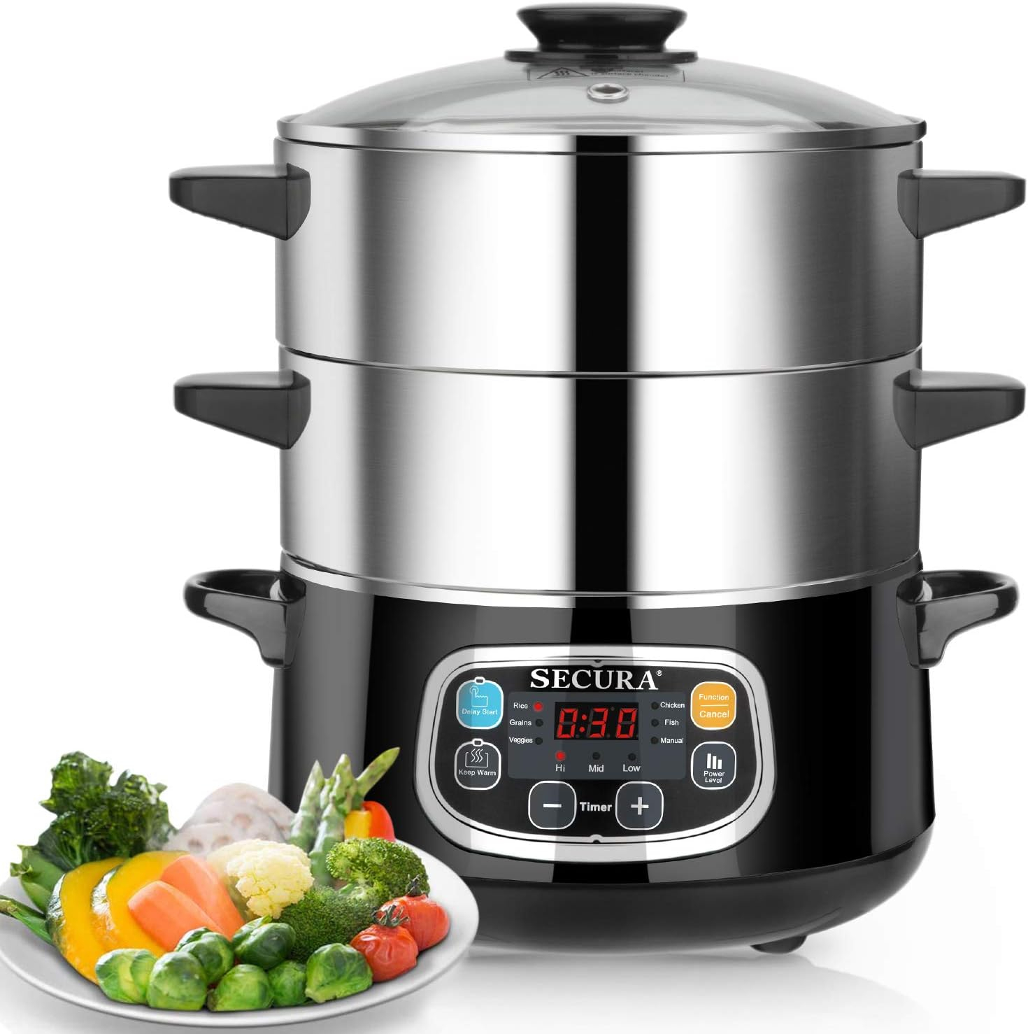 Secura 8.5 Quart Stainless Steel Digital Food Steamer with Timer