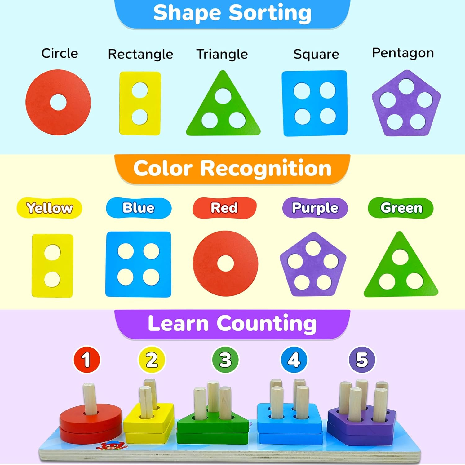Lucas & Friends Sorting & Stacking Toys, Wooden Puzzle Toy for Learning Shapes and Colors