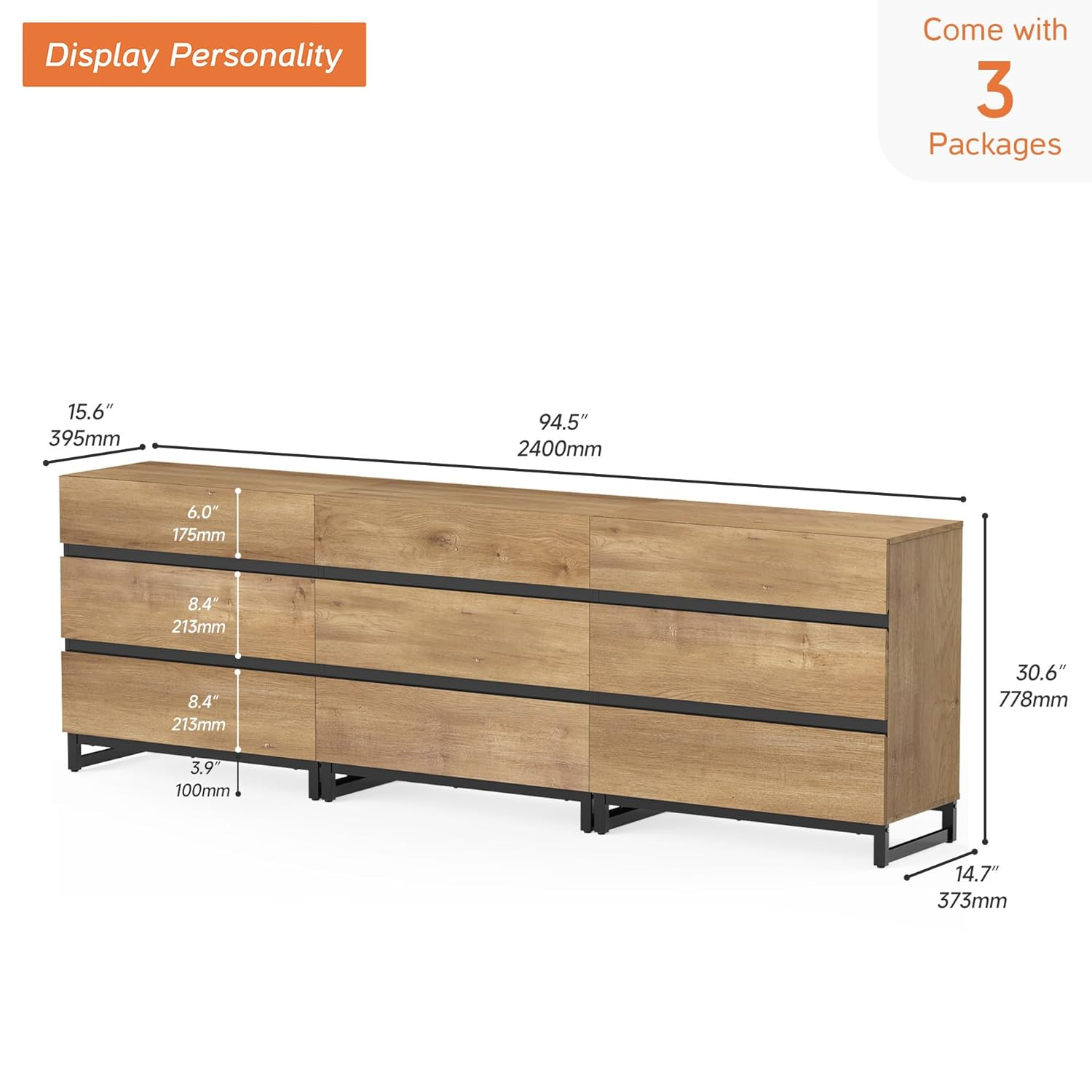 WAMPAT Dresser for Bedroom, Closet Organizers and Storage with 9 Drawers, Chest of Drawers with Metal Base, Wooden Modern Dresser for Living Room, Bedroom, Entryway, Oak