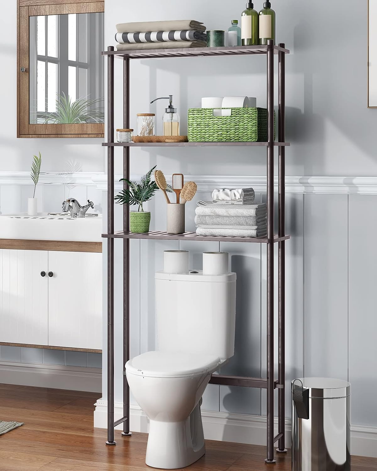 AmazerBath Bamboo Over The Toilet Storage Shelf, Over Toilet Bathroom Organizer Rack, 3-Tier Bathroom Shelves Over Toilet, Space Saver, Espresso
