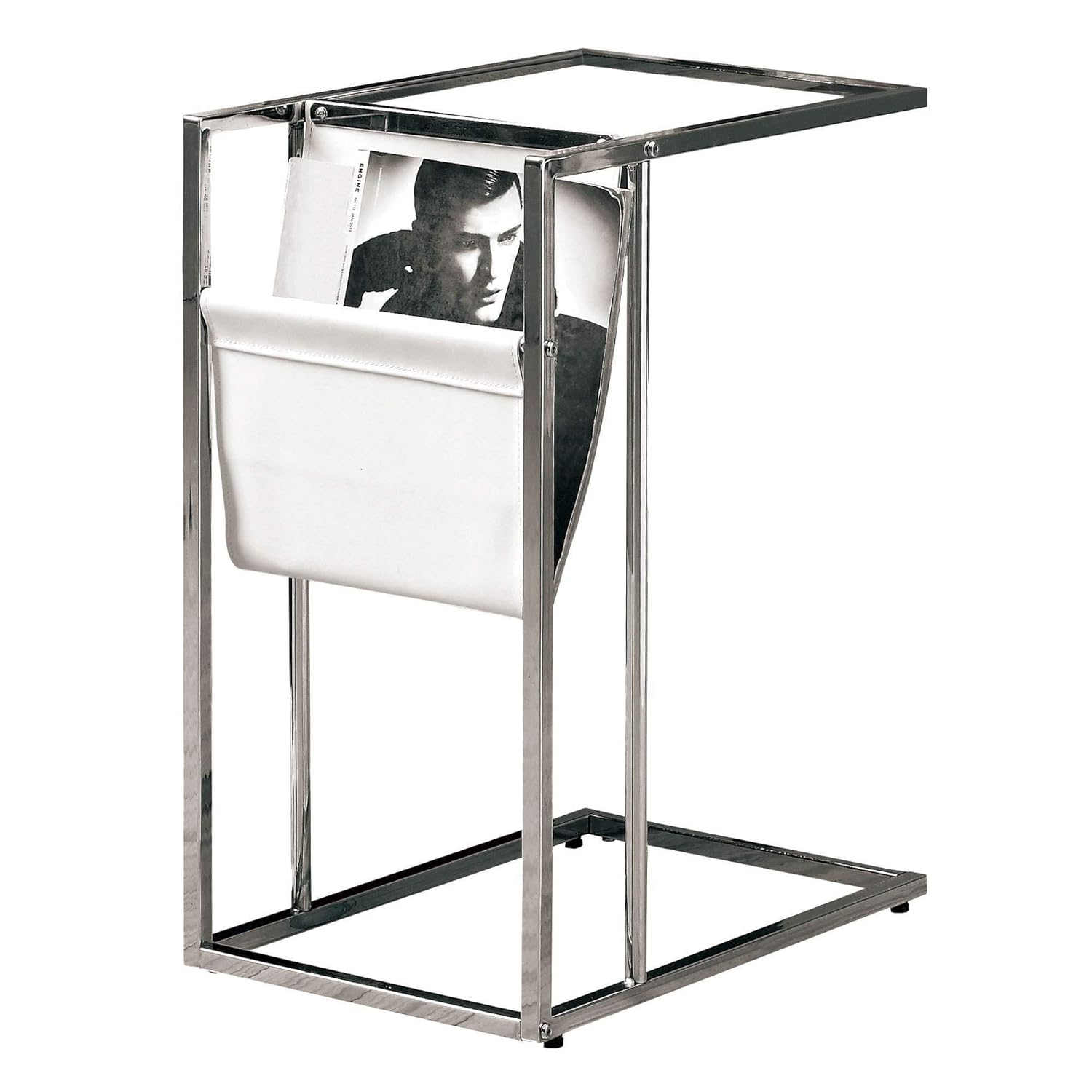 White/Chrome Metal Accent Table with Magazine Holder