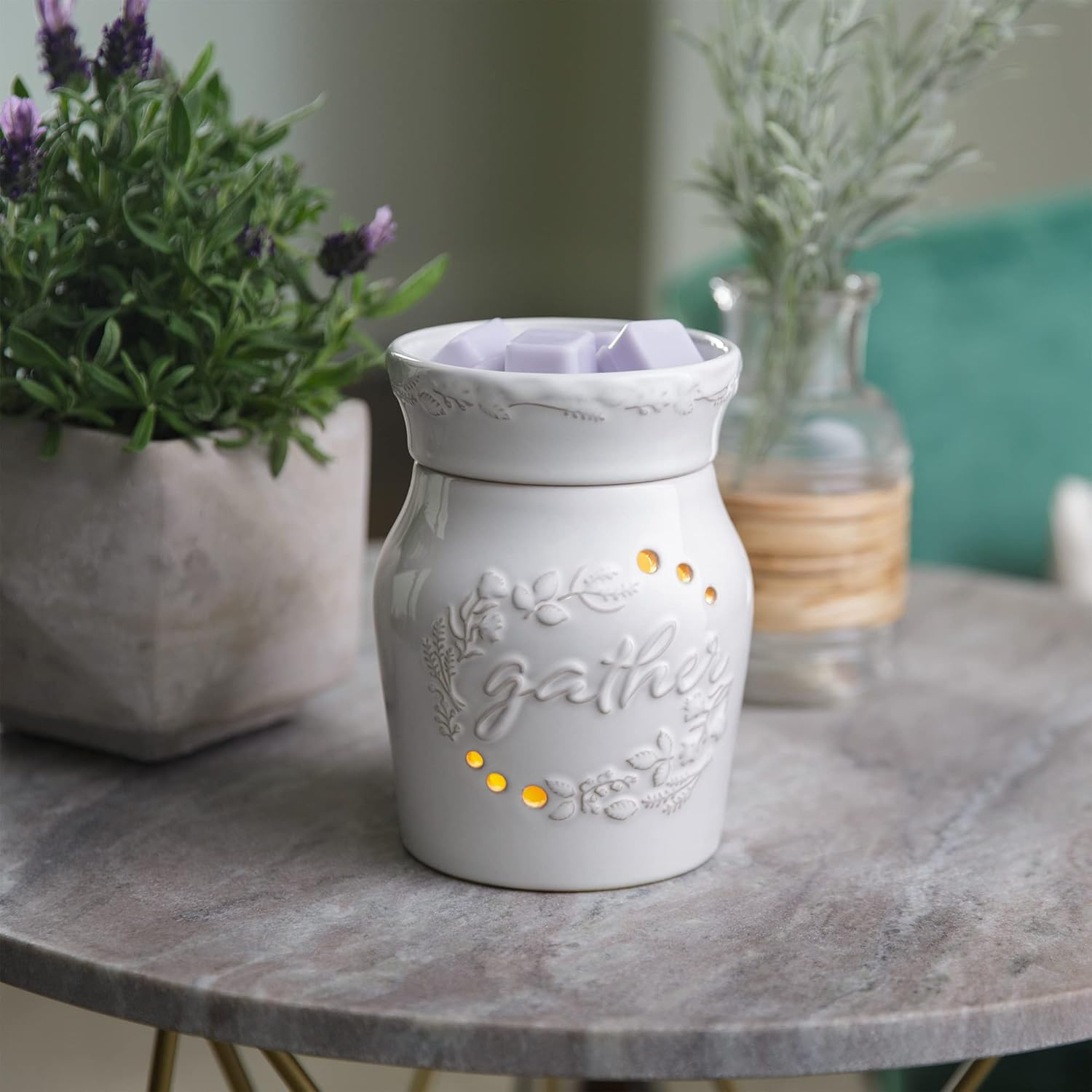White Ceramic Botanical Fragrance Warmer with Gather Motif