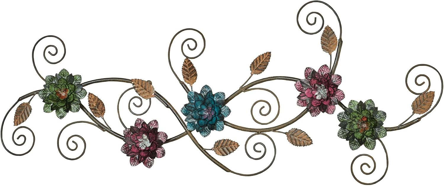 Golden Bronze Metal Wall Art Sculpture with Purple and Green Flowers