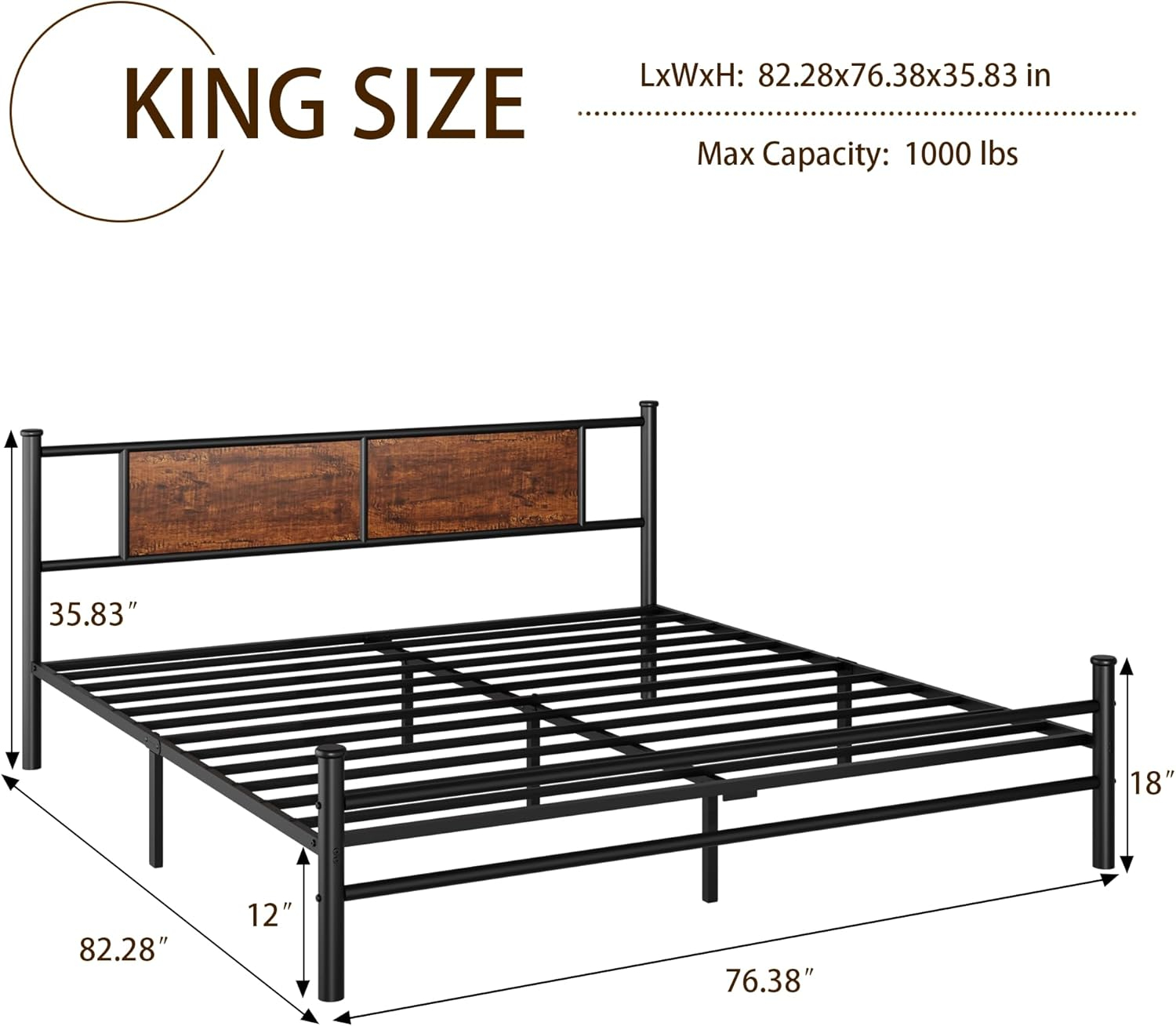 King Size Bed Frame with Rustic Wood Headboard, Metal Heavy Duty Platform, Sturdy Steel Slat Support, No Box Spring Needed, Black King Platform Bed Frame with Headboard
