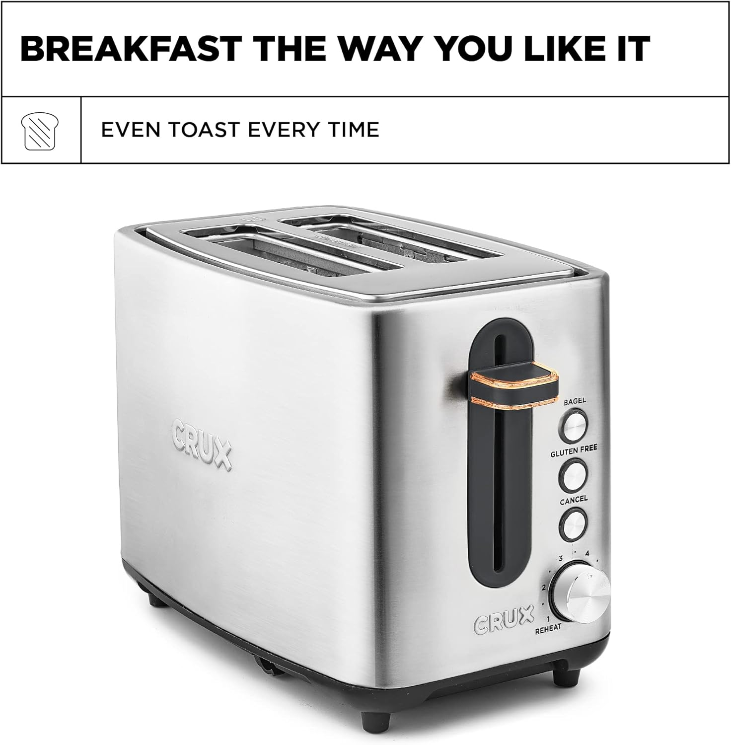 Crux 2 Slice Stainless Steel Toaster, Extra Wide Slots, Quick & Precise 6-Setting Shade Control, Reheat, Bagel and Gluten Free Function, Slide-Out Crumb Tray for Easy Clean Up, Silver/Copper Accents