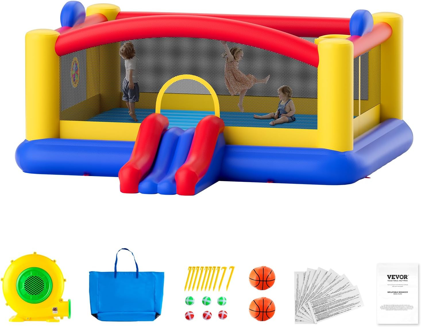 Large Multicolor Inflatable Bounce House with Slide and Basketball Hoop