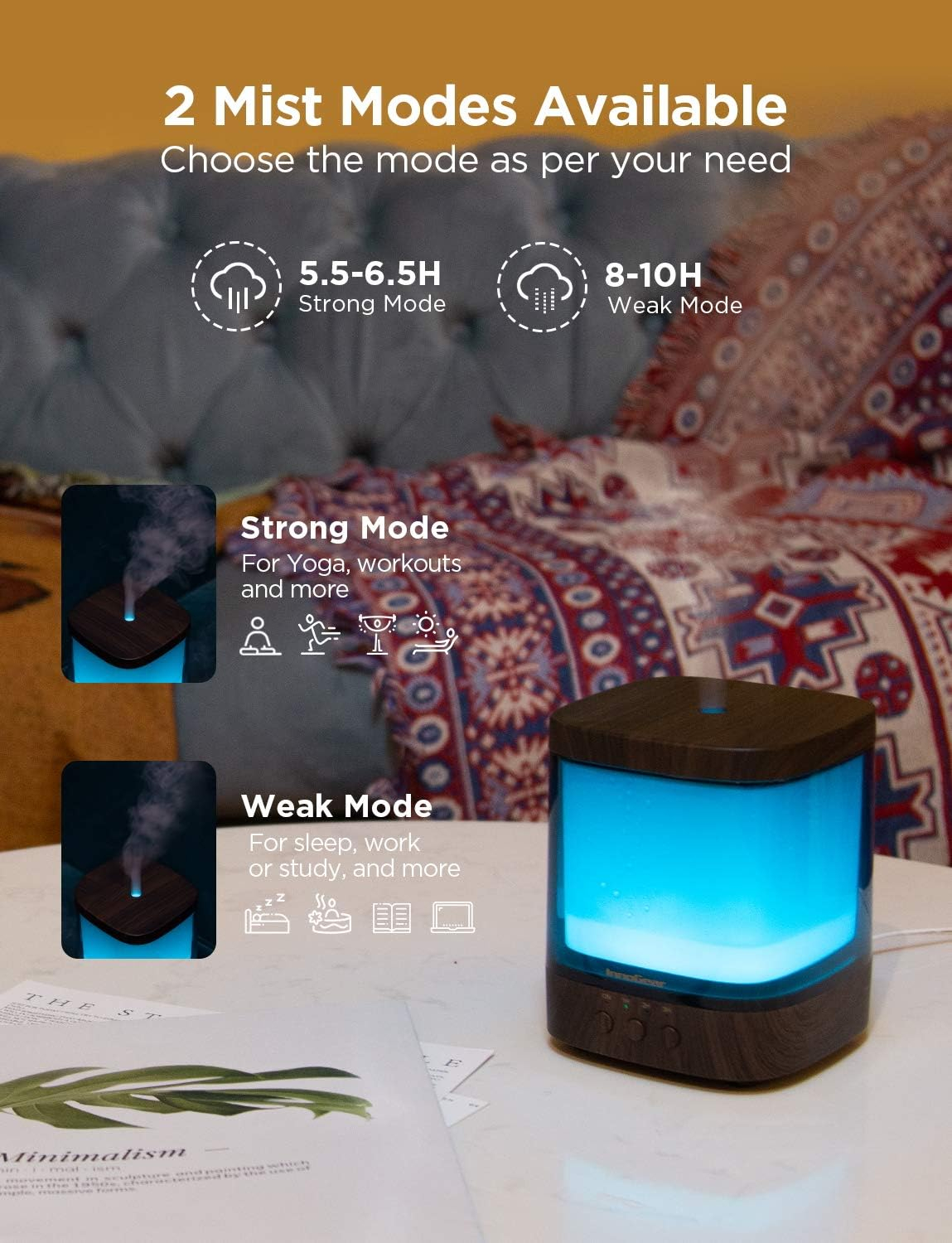InnoGear Diffusers for Essential Oils, 300ml Oil Diffuser Aromatherapy Diffusers Aroma Ultrasonic Cool Mist Humidifier 4 Timers Color Changing Lights Auto-Off, Dark