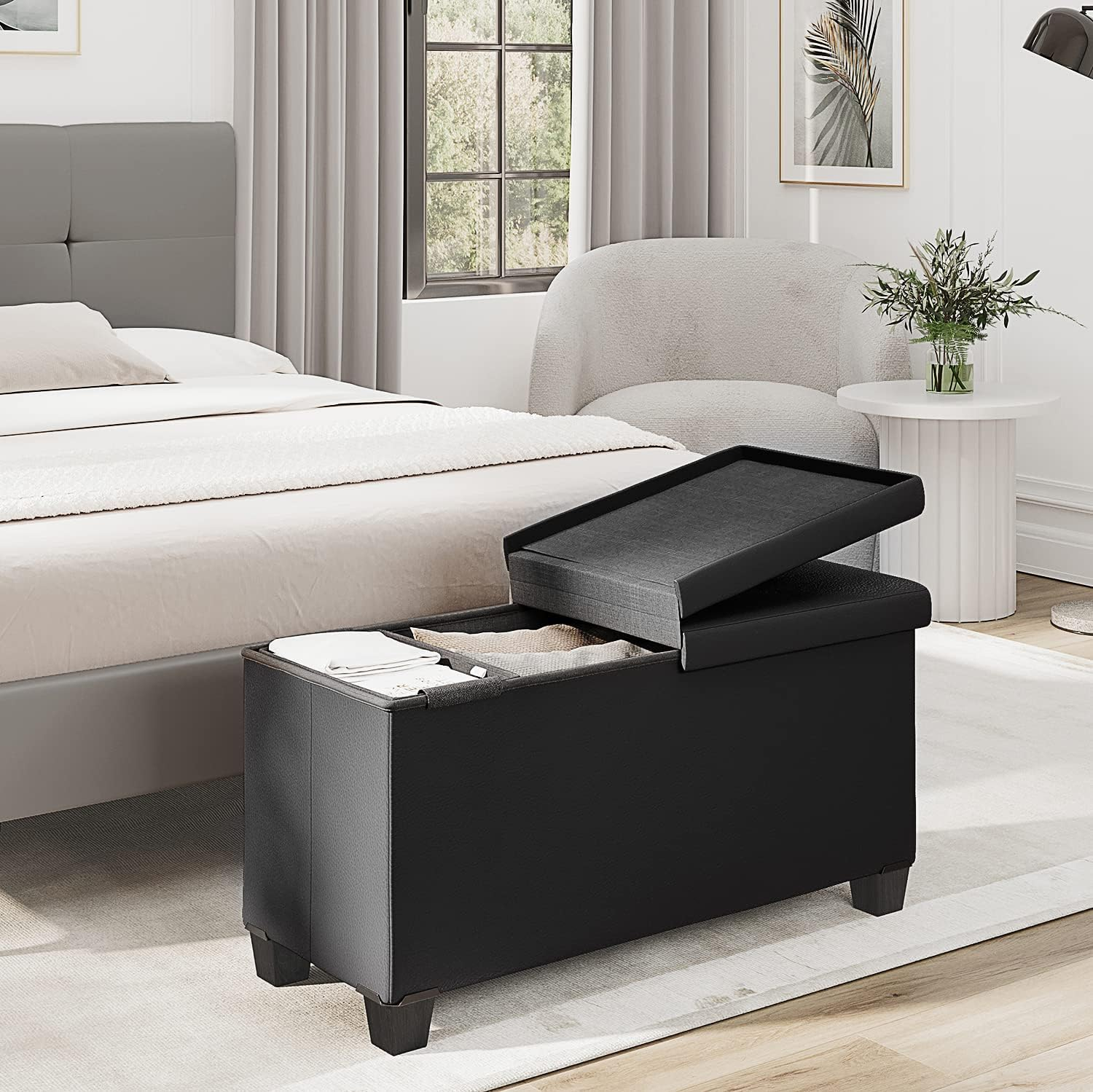 STORAGEBUD Storage Ottoman Bench with Bins, 30-in Storage Bench for Bedroom End of Bed, Folding Foot Rest Ottoman for Living Room Max 660lbs, Faux Leather Ottomans, Black