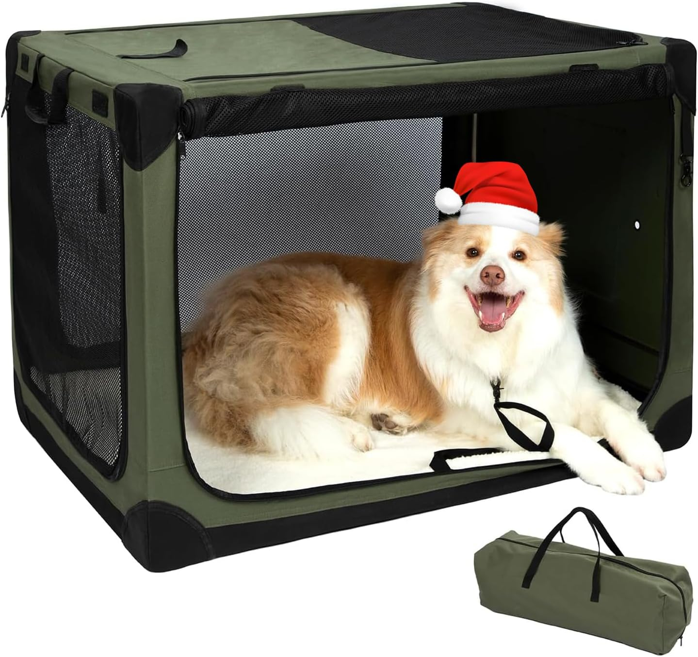 Pettycare Portable Travel Dog Crate 4-Door Soft Sided 36 Inch Collapsible Dog Crate with Curtains Durable Mesh Foldable Pet Kennel Soft Crates for Large Dogs Indoor & Outdoor Olive Green
