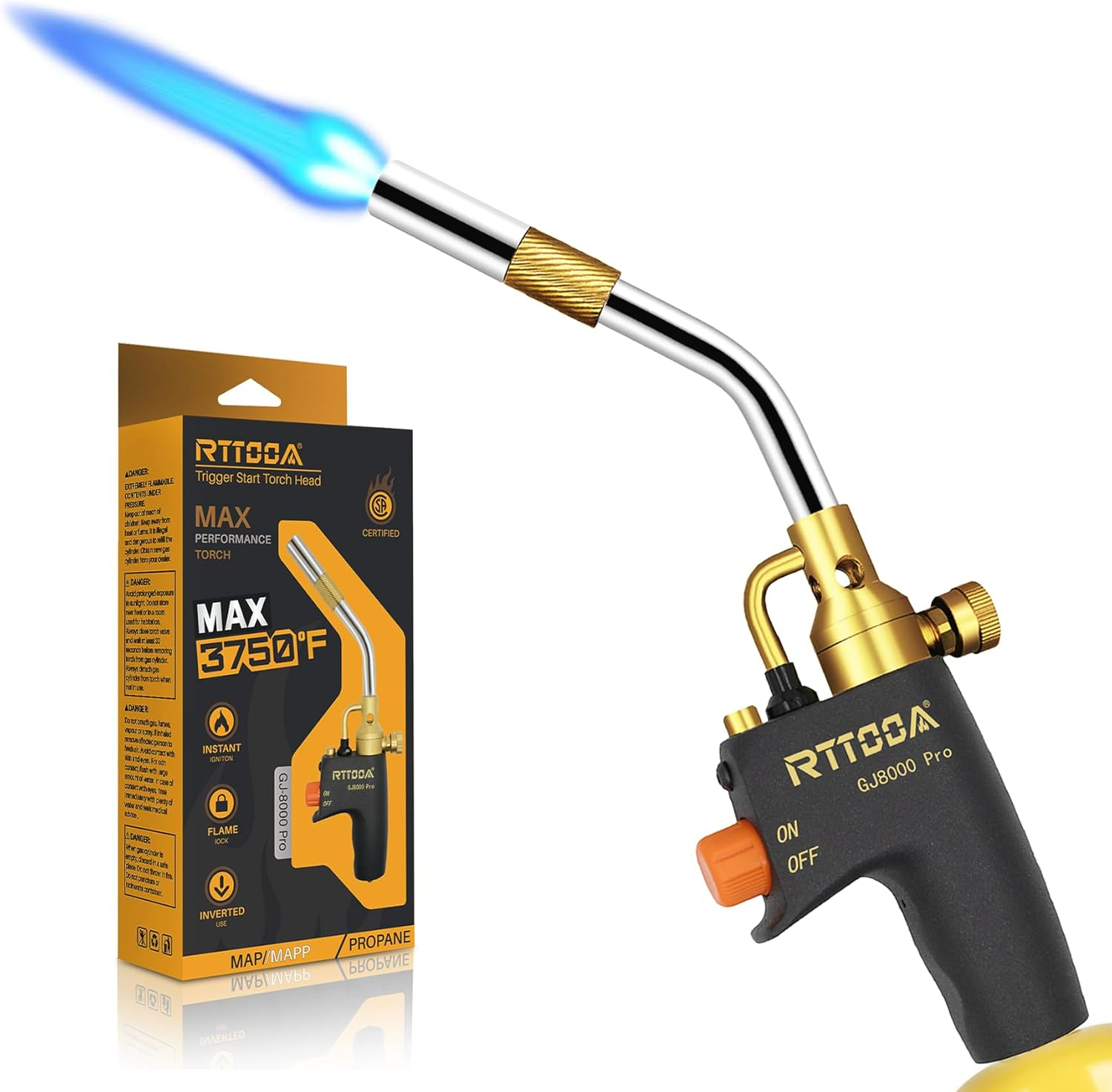 High Intensity Propane Torch Head Adjustable, GJ-8000pro Trigger Start Map/Mapp Gas Torch Kit with Self Ignition,Pencil Flame Welding Torch Fuel by MAPP, MAP/PRO（CSA Certified)