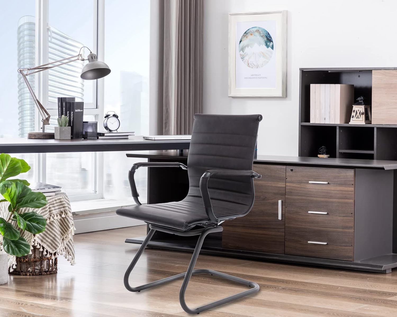 CIMOTA Waiting Room Chairs Leather Office Guest Chair Mid Back Reception Chairs with Sled Base for Meeting/Patient/Conference Room, Retro Black Set of 2