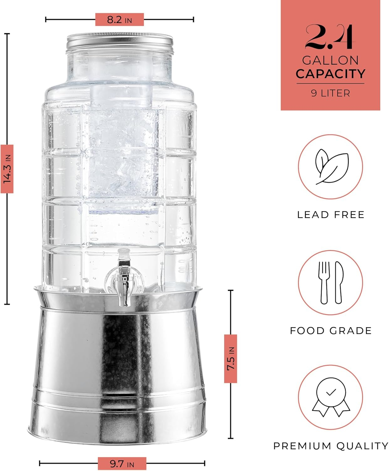 Clear Glass Beverage Dispenser with Galvanized Base and Infuser