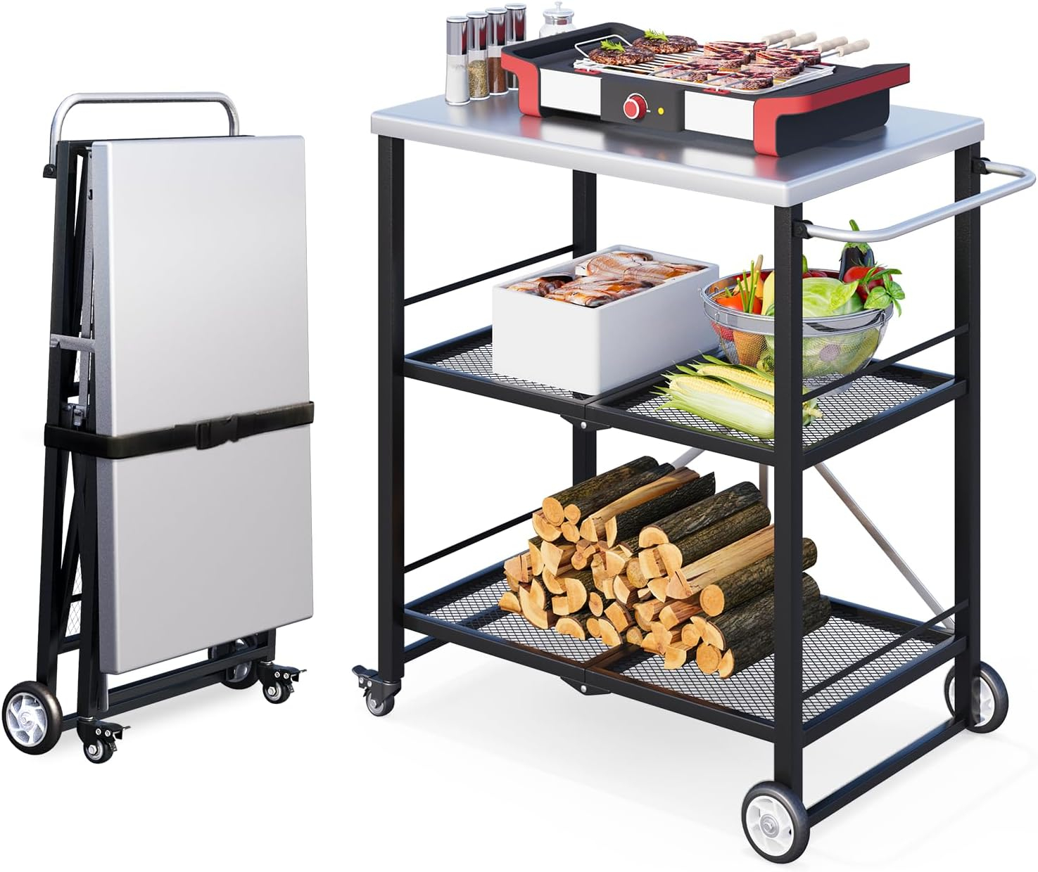 AECOJOY Outdoor Grill Table, Stainless Steel Pizza Oven Stand 3-Tier Folding BBQ Prep Table with Casters, Portable Kitchen Island for Apartment, Studio & Backyard Cooking, Gray