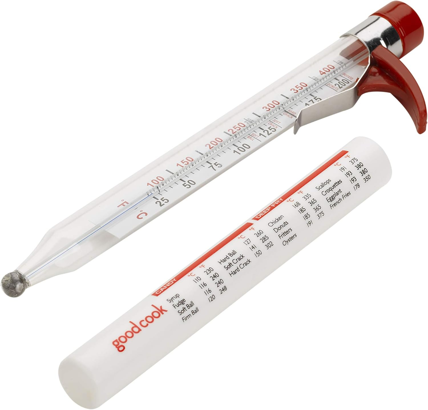 GoodCook Precision Candy and Deep Fry Thermometer with Storage Sleeve, Clear/Red