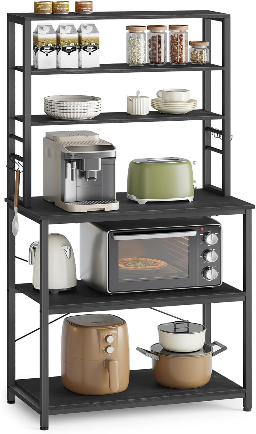 31.5 Inches Coffee Bar Baker's Rack for Kitchen with Storage, 6-Tier Shelves with 6 Hooks, Microwave Stand, Industrial Style, Charcoal Gray and Black UKKS019B22