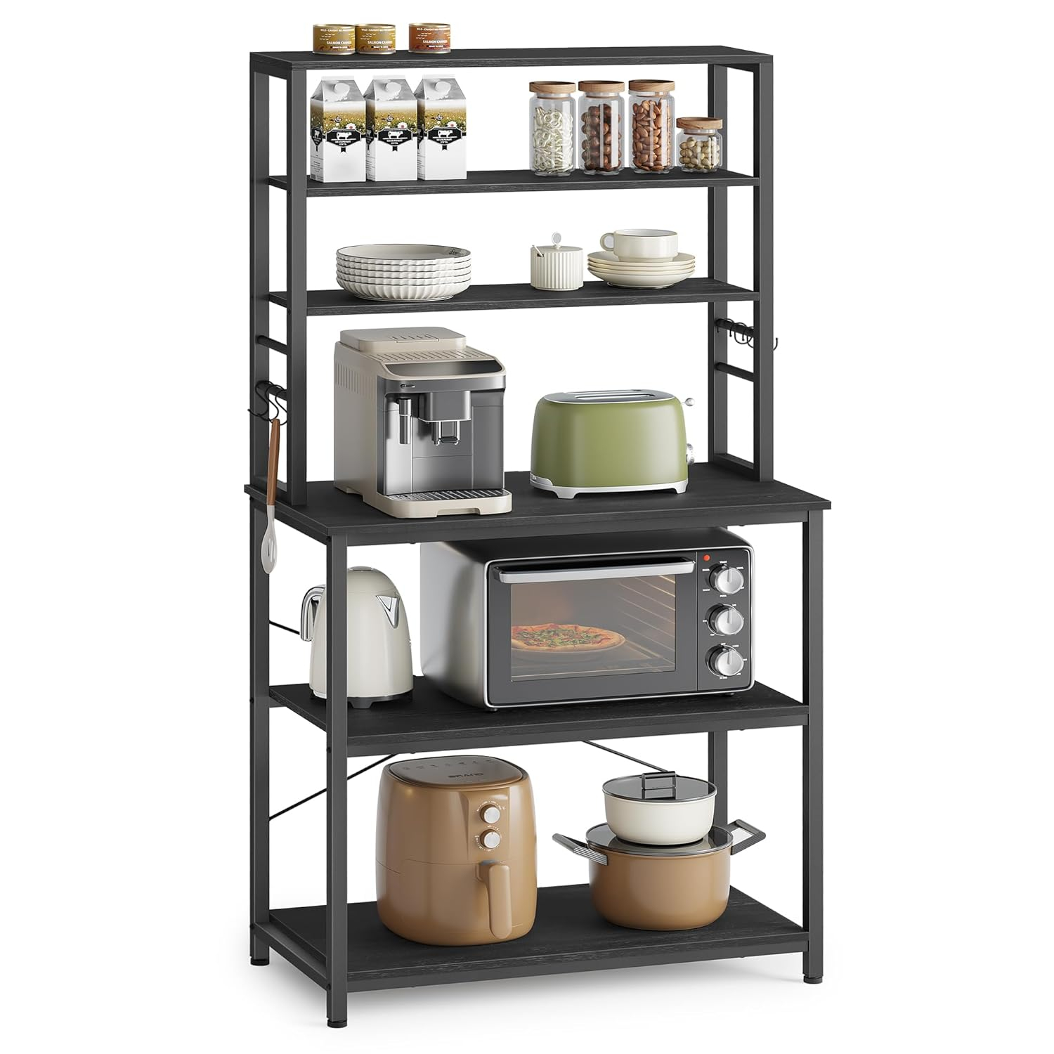 31.5 Inches Coffee Bar Baker's Rack for Kitchen with Storage, 6-Tier Shelves with 6 Hooks, Microwave Stand, Industrial Style, Charcoal Gray and Black UKKS019B22