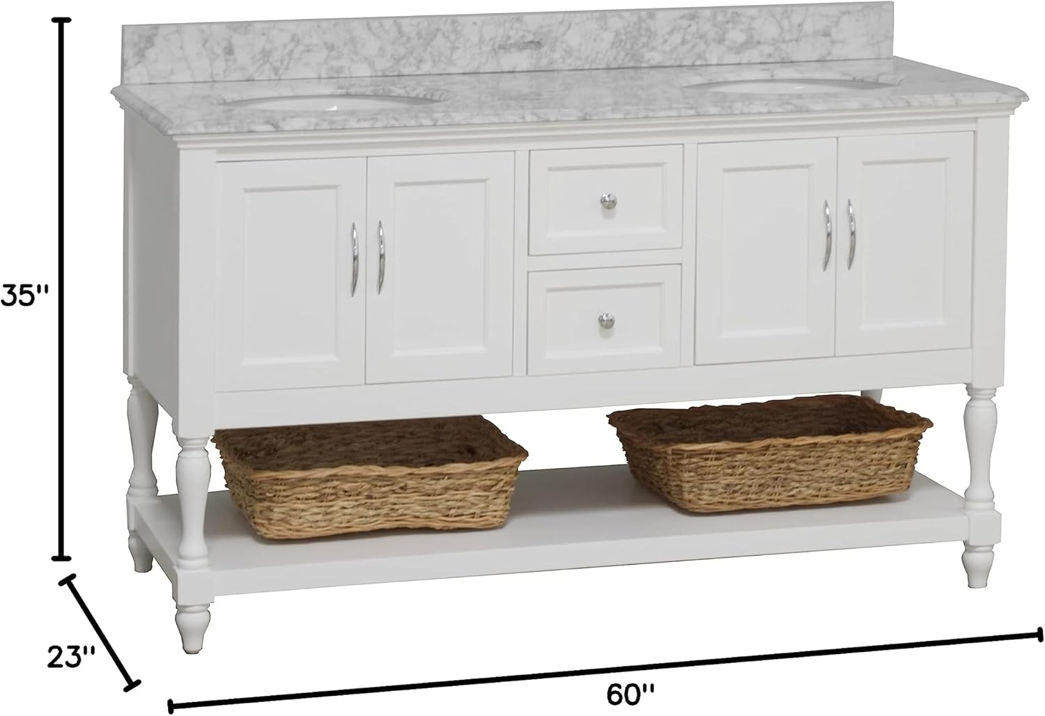 Kitchen Bath Collection Beverly 60-inch Double Bathroom Vanity (White/Carrara): Includes White Cabinet with Authentic Italian Carrara Marble Countertop and White Ceramic Sinks