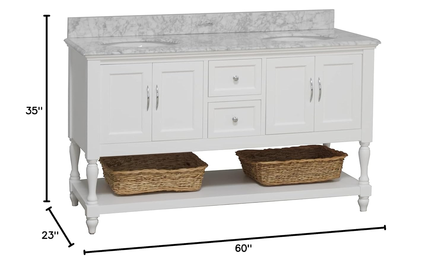 Kitchen Bath Collection Beverly 60-inch Double Bathroom Vanity (White/Carrara): Includes White Cabinet with Authentic Italian Carrara Marble Countertop and White Ceramic Sinks