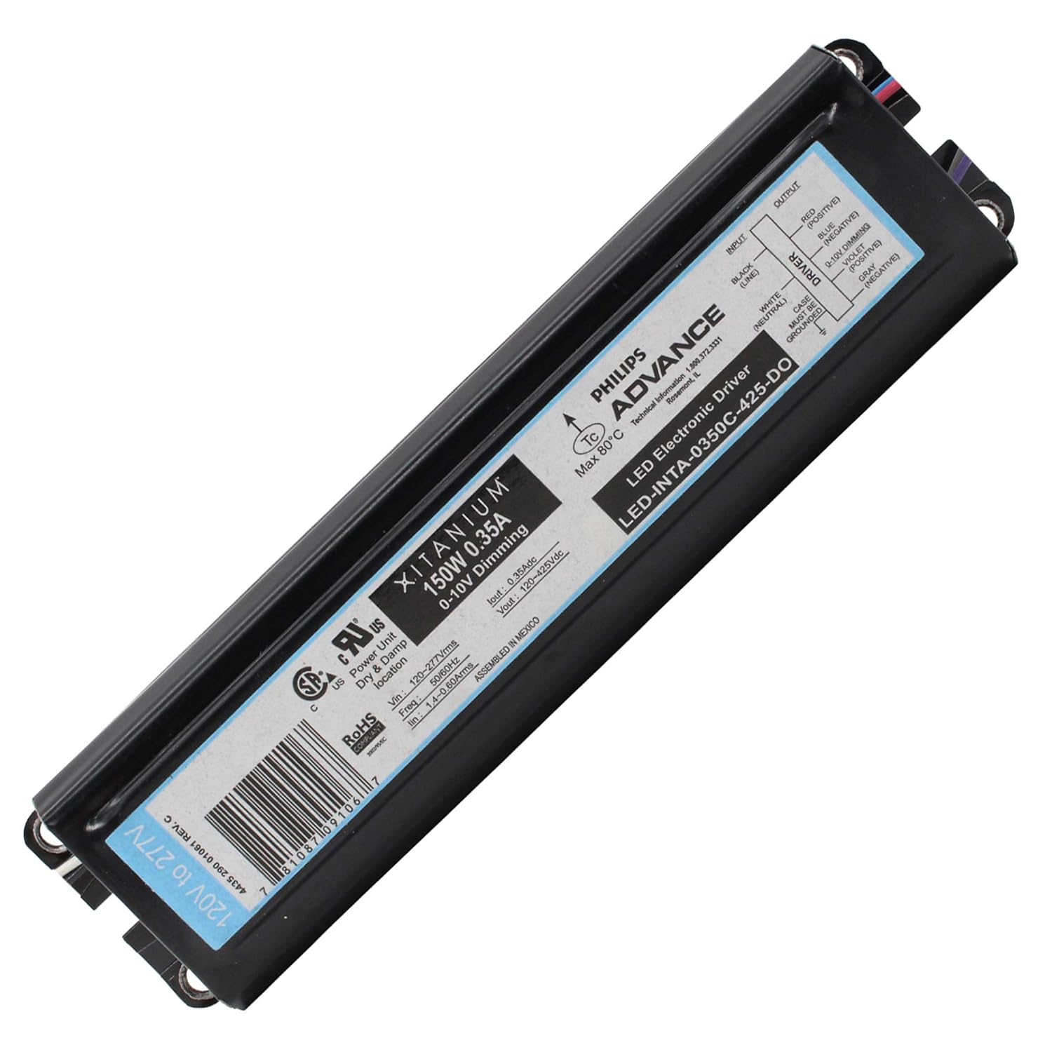 Advance LED-INTA-0350C-425-DO LED Driver, 0-10V Dimming, 120-277V:In, 150W, 120-425Vdc
