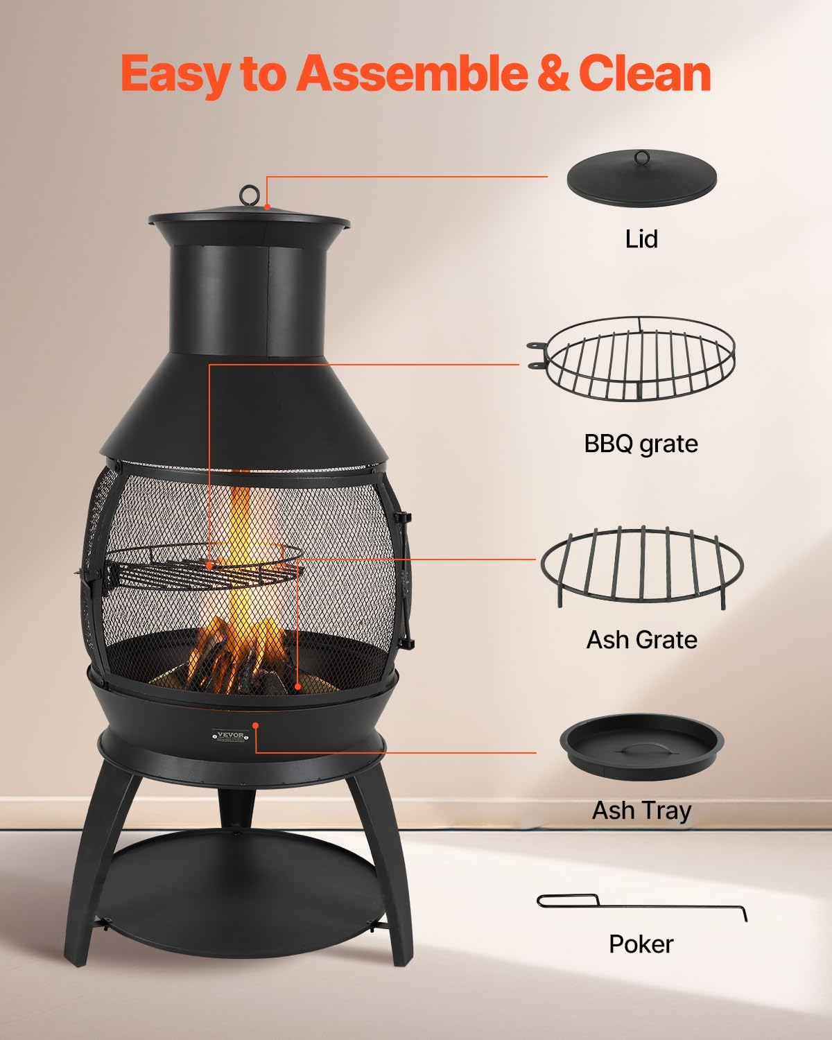 VEVOR Chiminea, 22 Inch Outdoor Wood Burning Firepit, Iron Spherical Fireplace for BBQ & Warming, Wooden Fire Pit with Grill Mesh, Chimney Coat & Rustproof Chiminea Lid, for Patio, Garden, Backyard