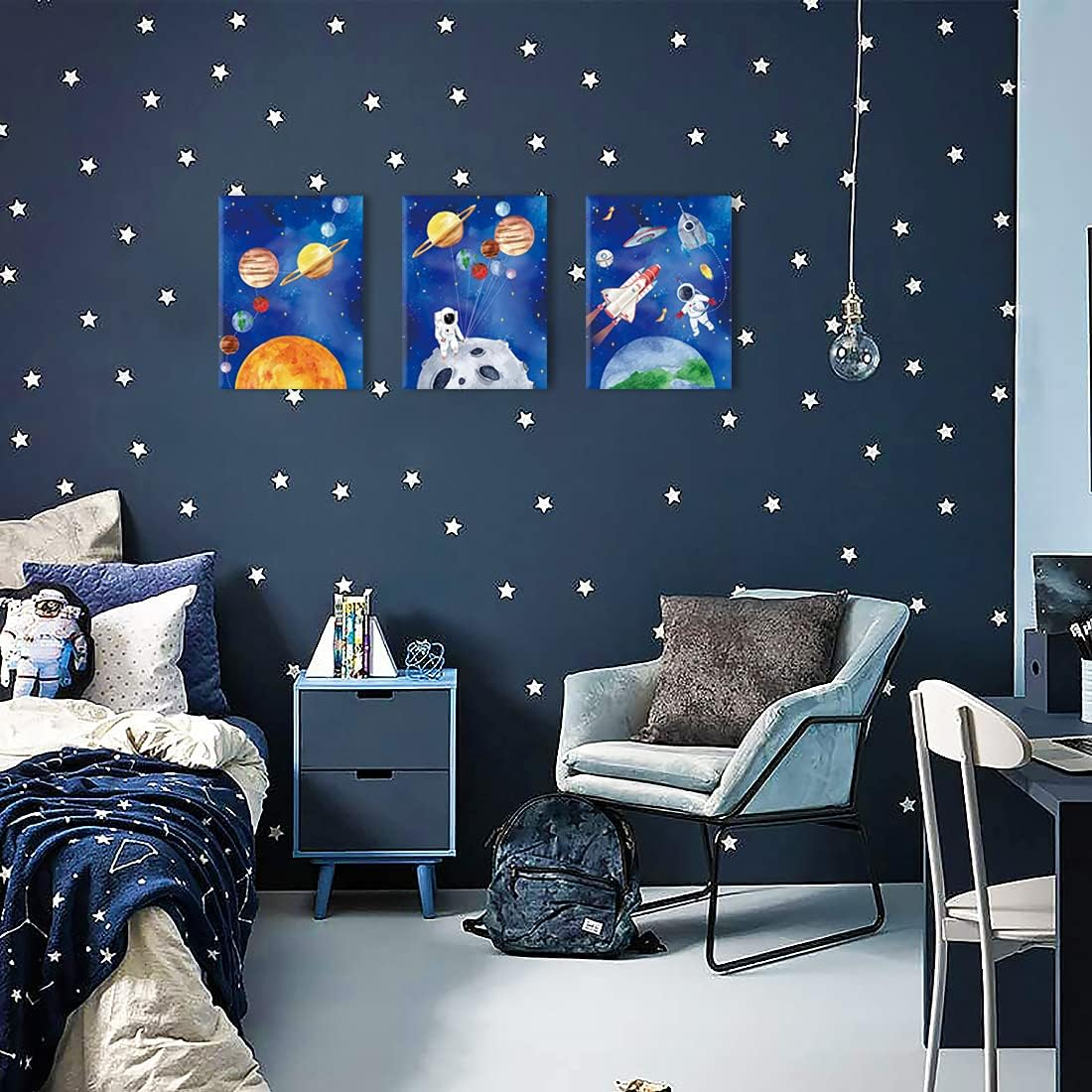 Framed Outer Space Art Prints Cartoon Watercolor Planet Wall Art Set of 3 Pieces (11.8x15.6inch), Universe Theme Canvas Painting, Spaceship, Astronaut For Kids Room Nursery Decor-Ready to Hang