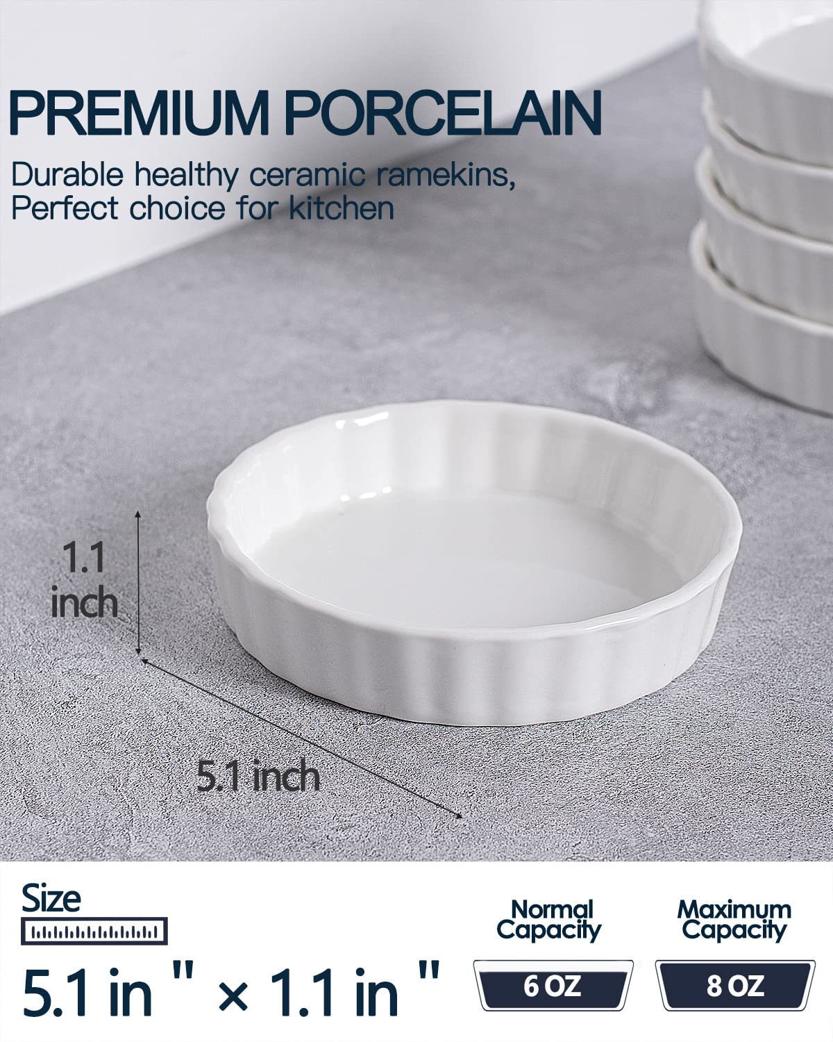 White Porcelain 8 oz Round Ramekin Set, Oven Safe, Set of 6